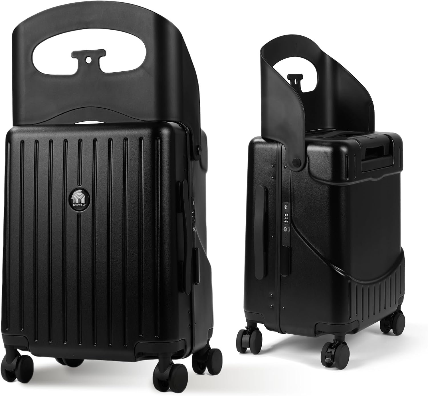 RAINRO & CO 20″ Ride-On Carry-On Luggage with Built-In Seat for Kids Ages 3–5 & Adults, Lightweight Durable Hardshell Suitcase with Spinner Wheels & TSA Lock (Obsidian Black)
