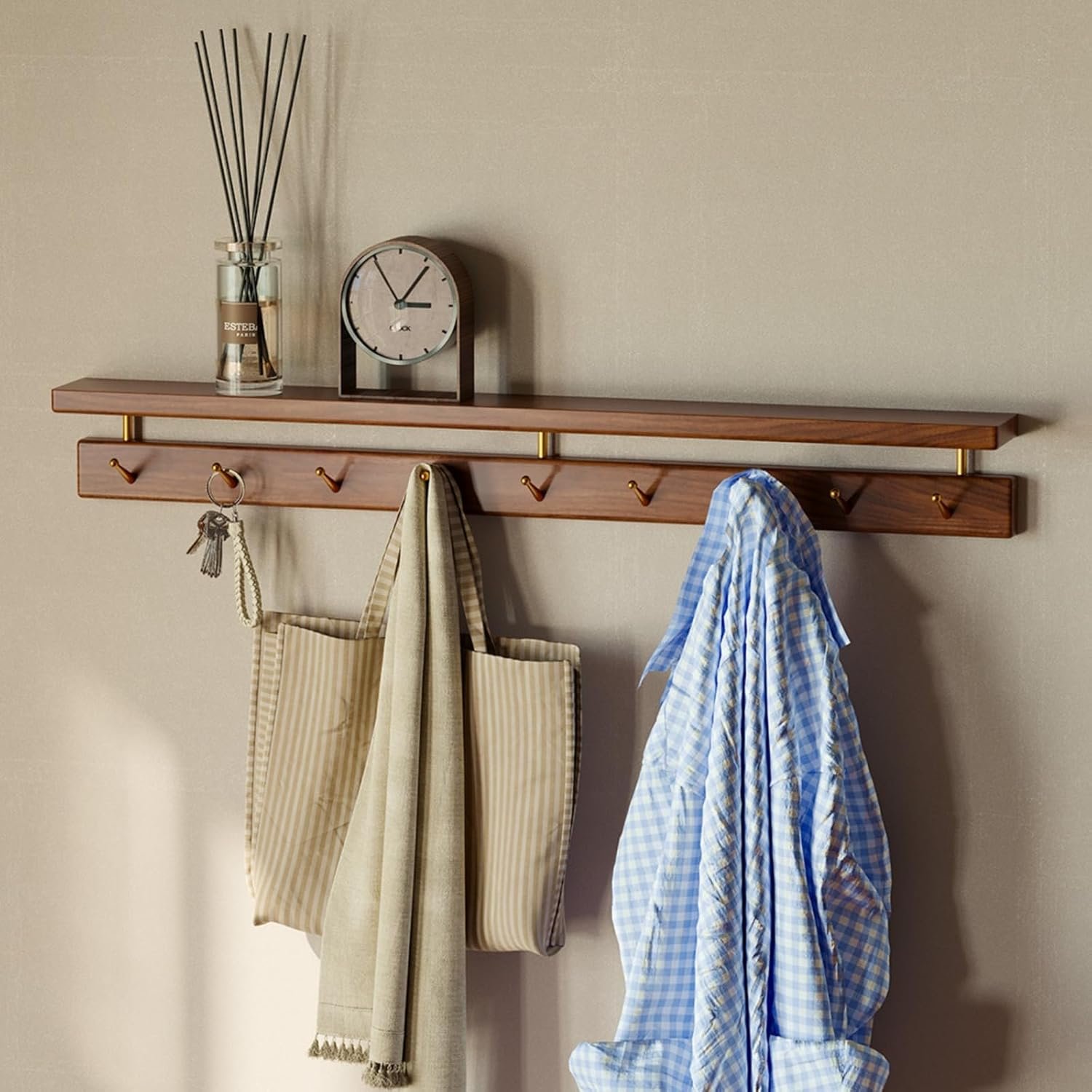 Walnut Wall Hooks with Shelf, Coat Rack Wall Mount, Entryway Hanging Shelf with 9 Brass Hooks for Hats, Clothes, Towels, Bags, Black Walnut Wood, Walnut