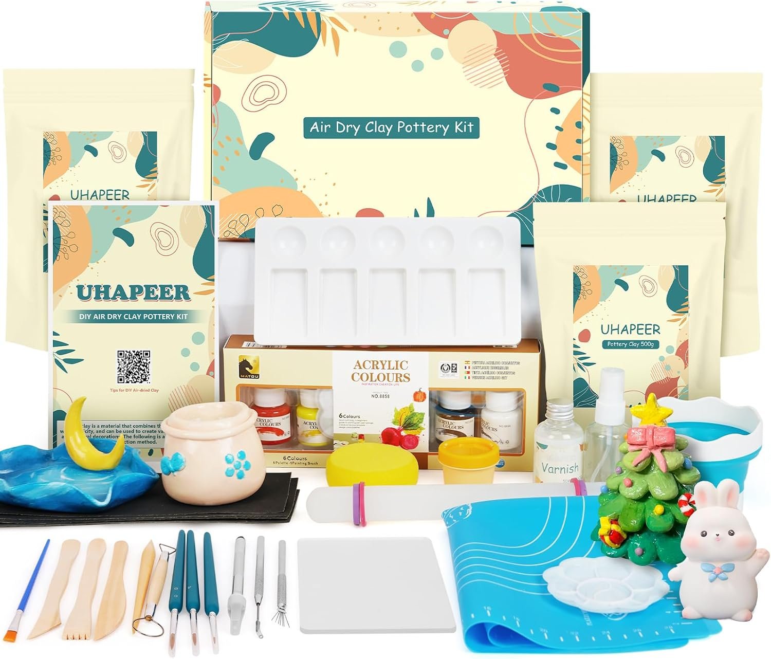 UHAPEER Air Dry Clay Kit for Adults, Pottery Set for Beginners with Clay, Sculpting Tools, Varnish, Pottery Paint, Step-by-Step Guide & Video, Gift for Arts Crafts Lover