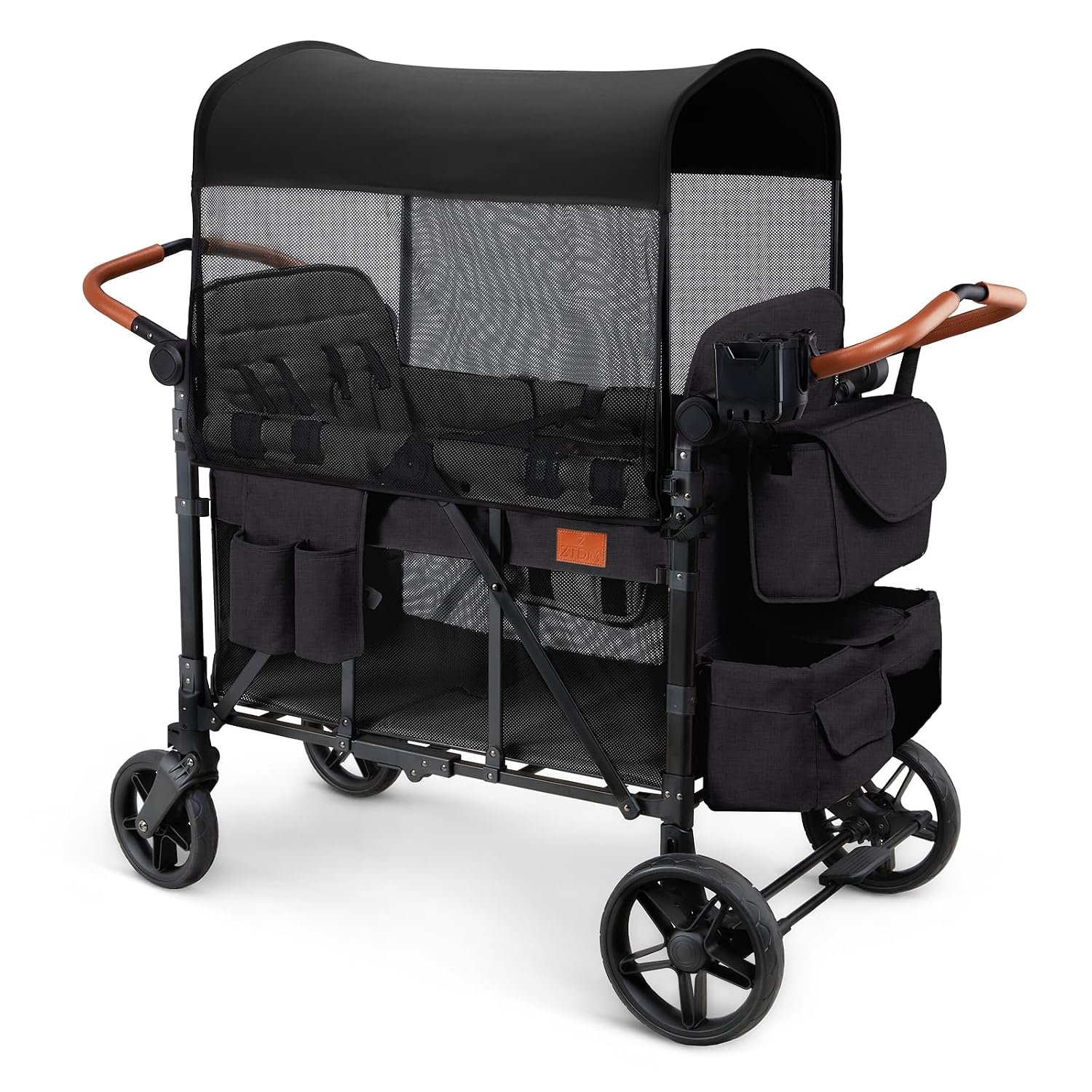 ZTDM Wagon Stroller for 4 Kids, All-Terrain Wagon for Toddler with Canopy, Parent Organizer, Shoulder Bag, Adjustable Handlebar, Phone Holder, High Seat & 5 Point Harness, Ultimate Quad (Black)