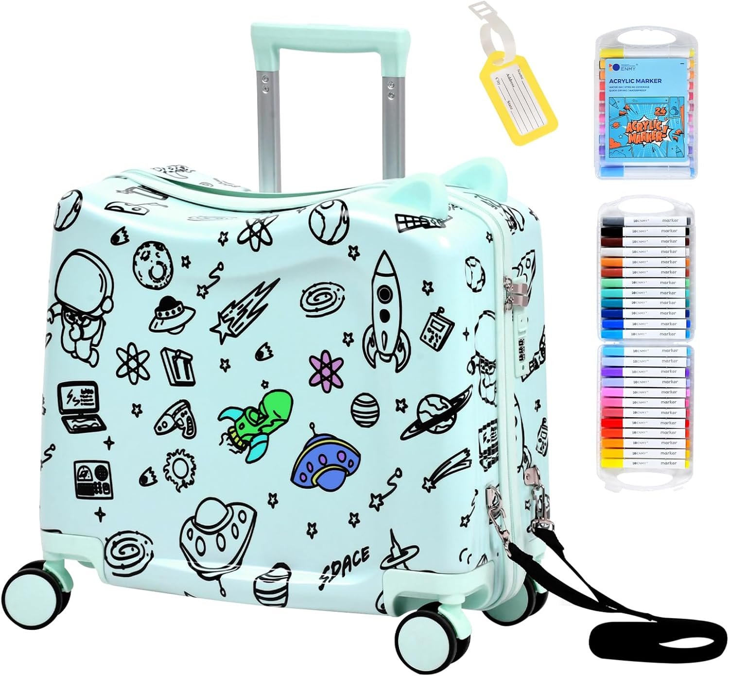 Kids Ride-On Suitcase with Cute Ears, 20″ Carry-On Luggage with TSA Lock