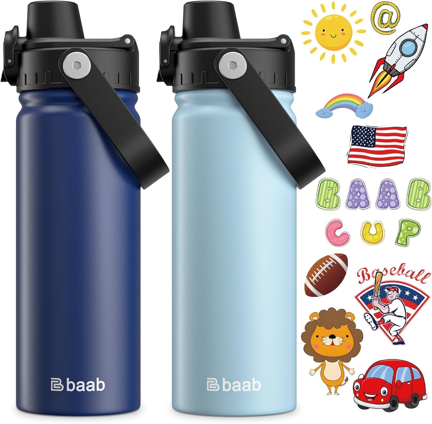 baab 18oz Kids Insulated Water Bottle 18/8 Stainless Steel Kids Cup 2 Pack