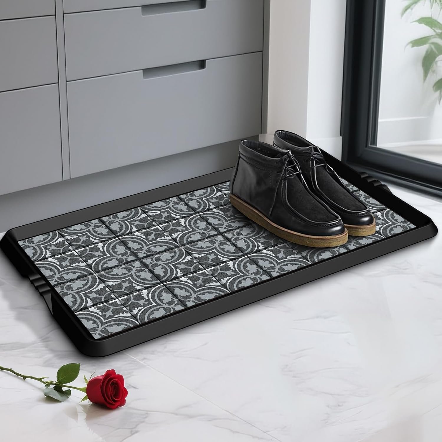 BEHERO Boot Tray Shoe Mat Decorative Patterned, Rubber Boot Matt Tray Indoor and Outdoor Use, 16″ x27.5″ Shoe Cleaning Mat Non-Slip, Shoe Storage Waterproof with Artistic Prints for Entryway(Gray)