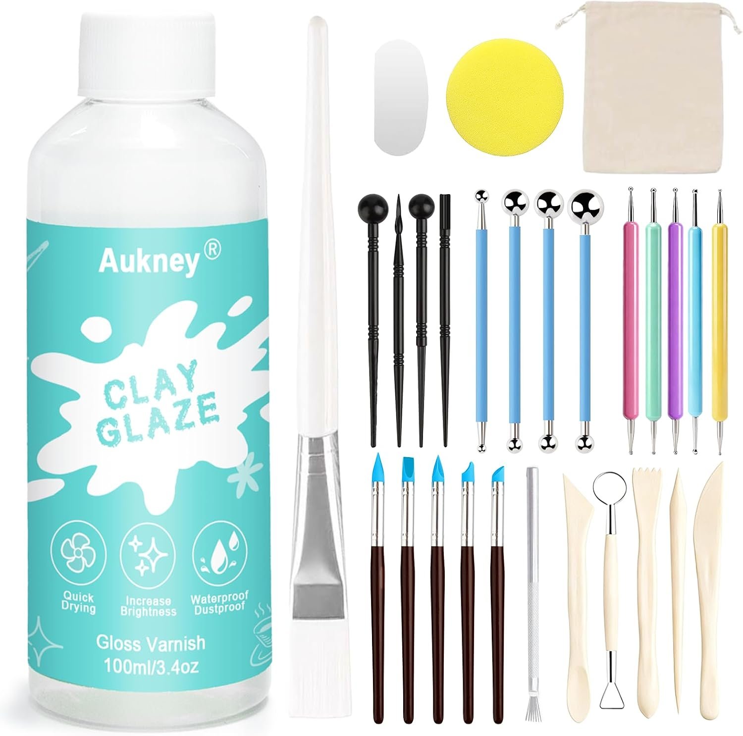 Aukney 100ML Air Dry Clay Glaze and 29pcs Tool Kit, High Gloss Air Dry Clay Glaze, Sealant, Prevent Clay from Cracking, and Scratch Resistant – Pottery Tools for Stippling, Shaping Clay Crafts