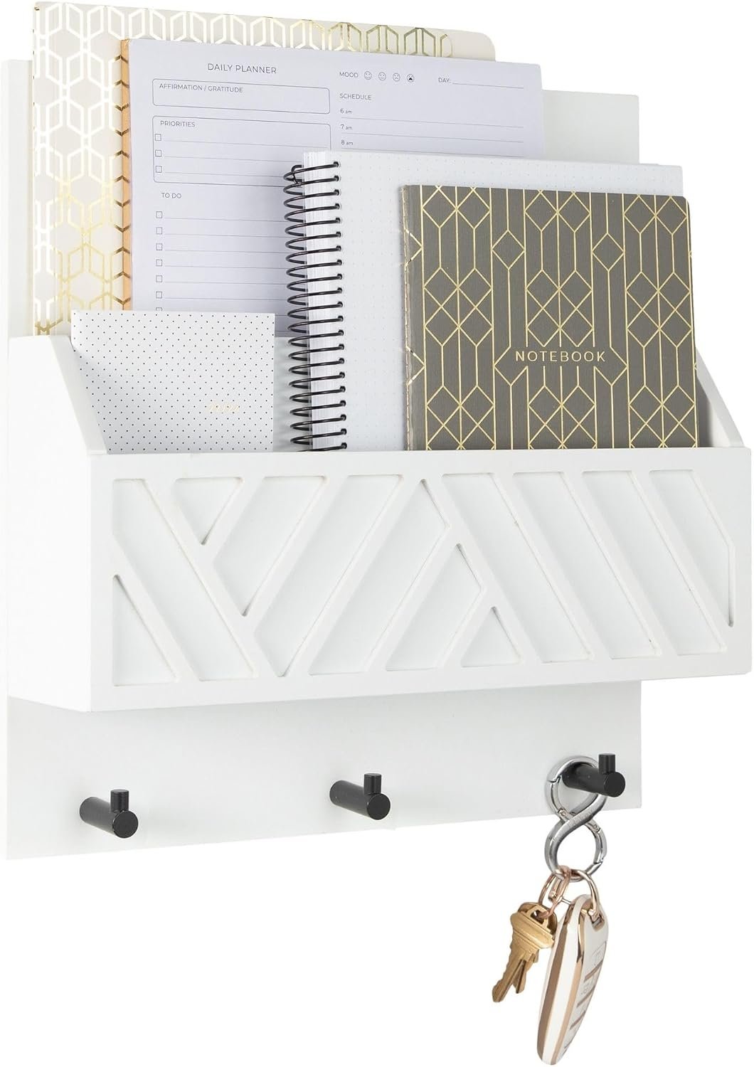 BLU MONACO | Wall Mount Key Holder with Mail Organizer | Wooden Command Center with 3 Hooks and 2-Tier Letter Pockets | Entryway Mail Sorter & Key Rack | White Geometric Wall Organizer for Office Home