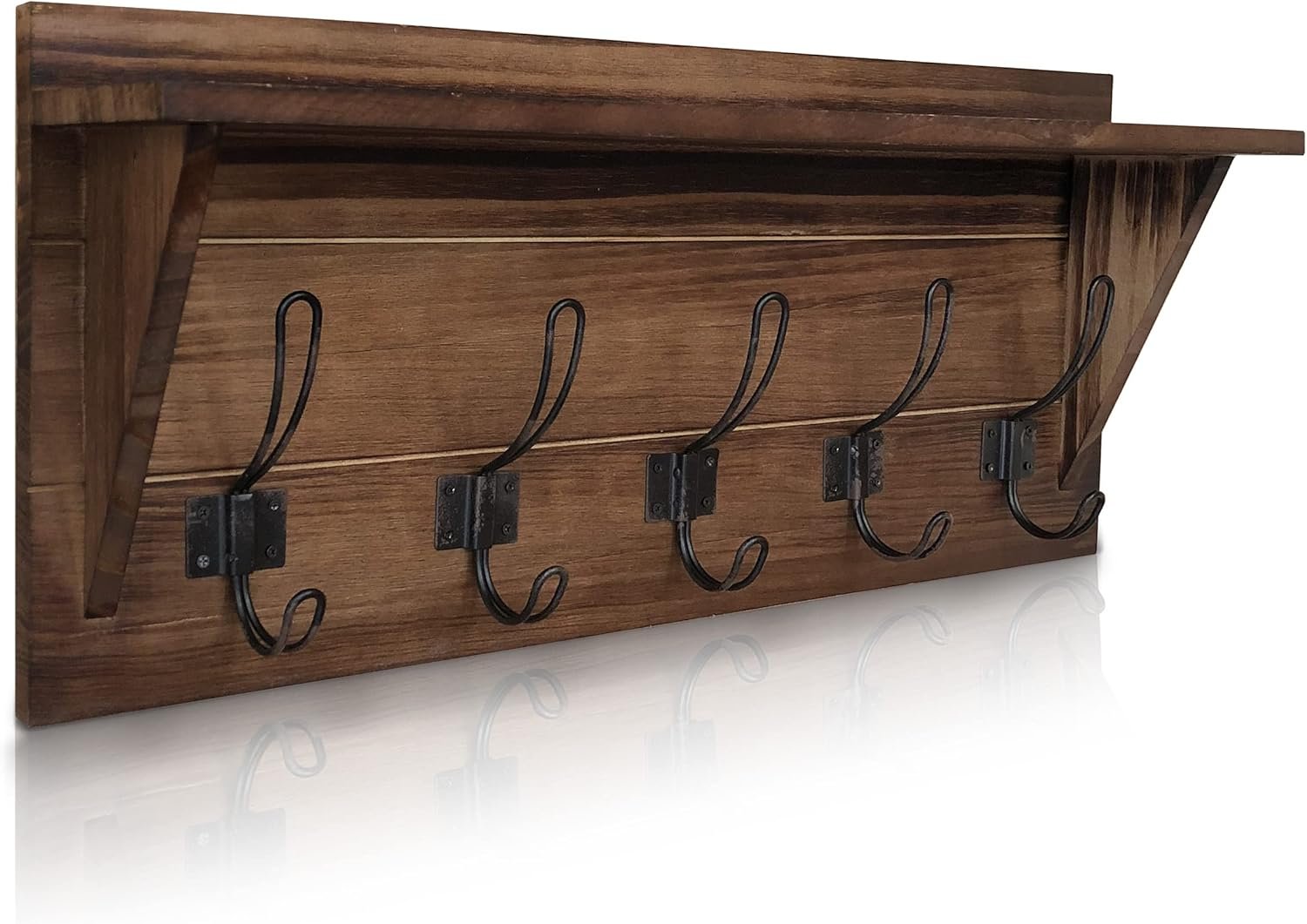 HBCY Creations Rustic Brown Solid Wood Wall Mounted Coat Rack with Shelf, 5 Hooks, 24″ Long – Kitchen, Mudroom, Entryway, Bathroom – Includes Mounting Hardware, Coat Hanger, Dog Leash Hooks