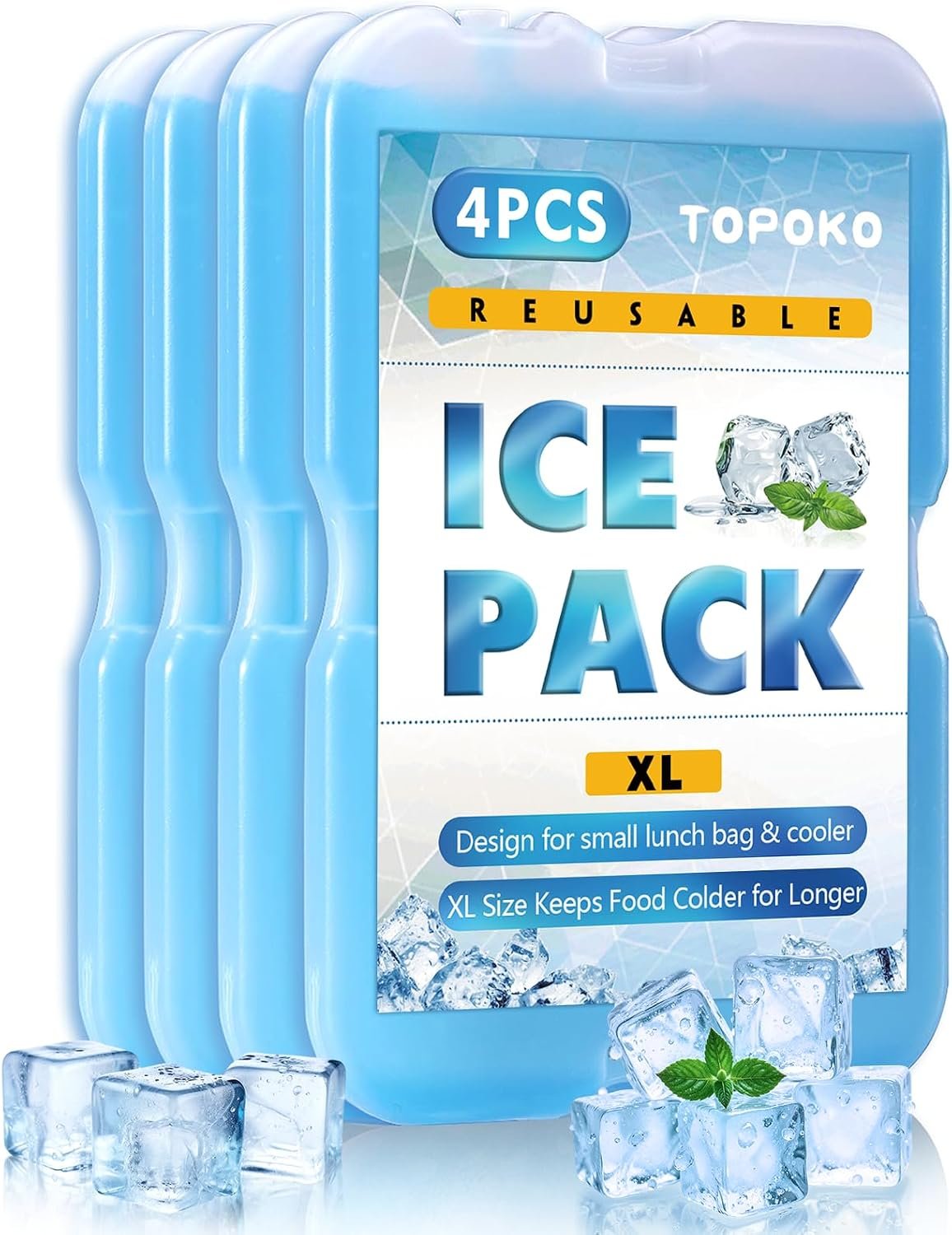 TOPOKO XL Ice Packs for Lunch Bags, Coolers & Freezers –4/8 Pack Reusable Gel Ice Packs, BPA-Free, Slim, Long-Lasting Cold, Quick Freeze for Picnic, Camping, Beach, Hiking & Outdoor Sports