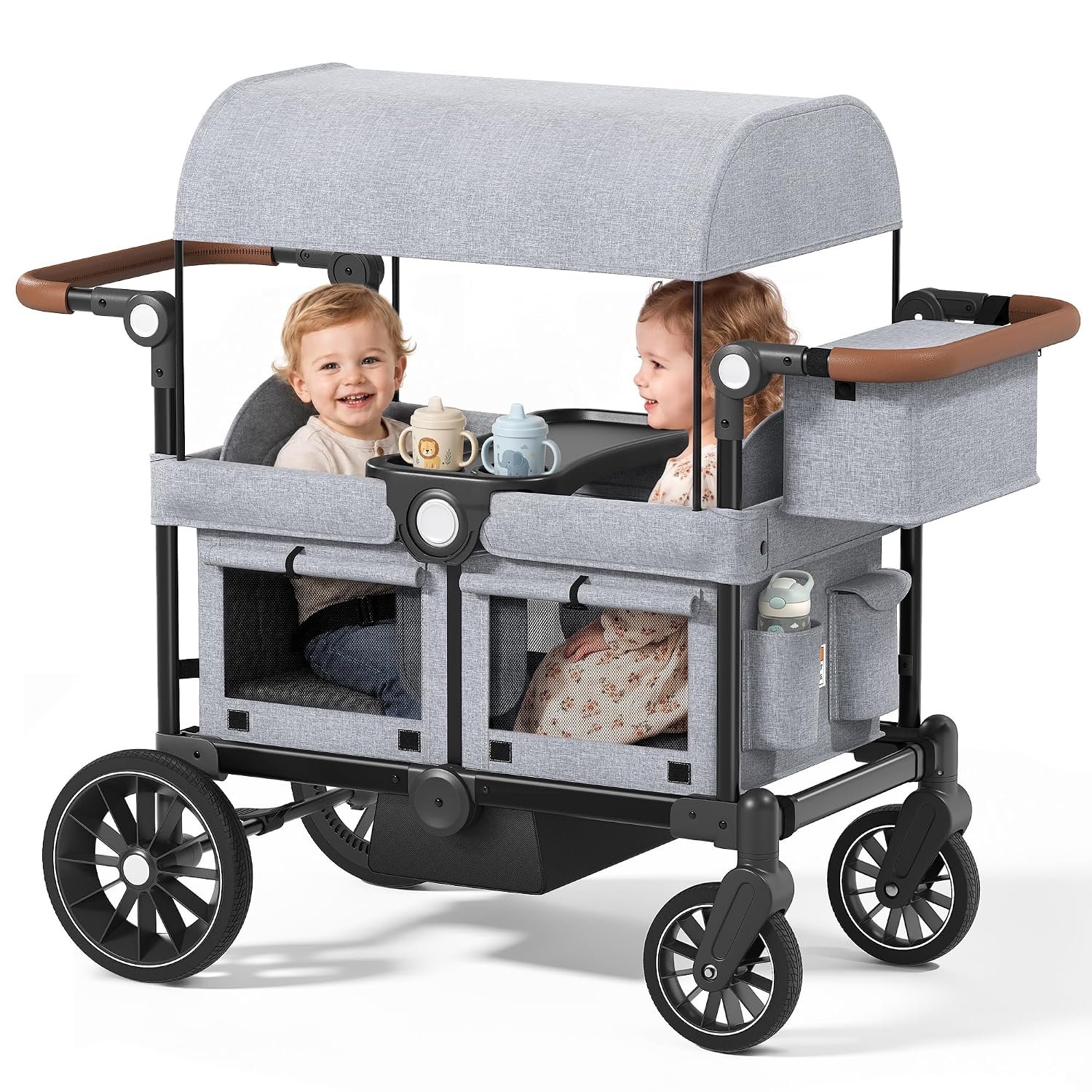 Kinder King Folding Wagon Stroller for 2 Kids, Shock-Absorbing Wheel, Gray