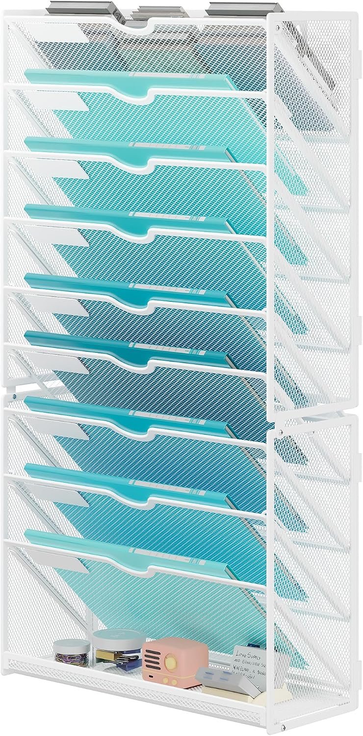 Lavatino 10-Tier Hanging Wall File Folders Organizer – White Metal Mesh Paper Magazine Document Mail Holder File Organizer for Office School Home Wall Mount or Desk Supplies Organization