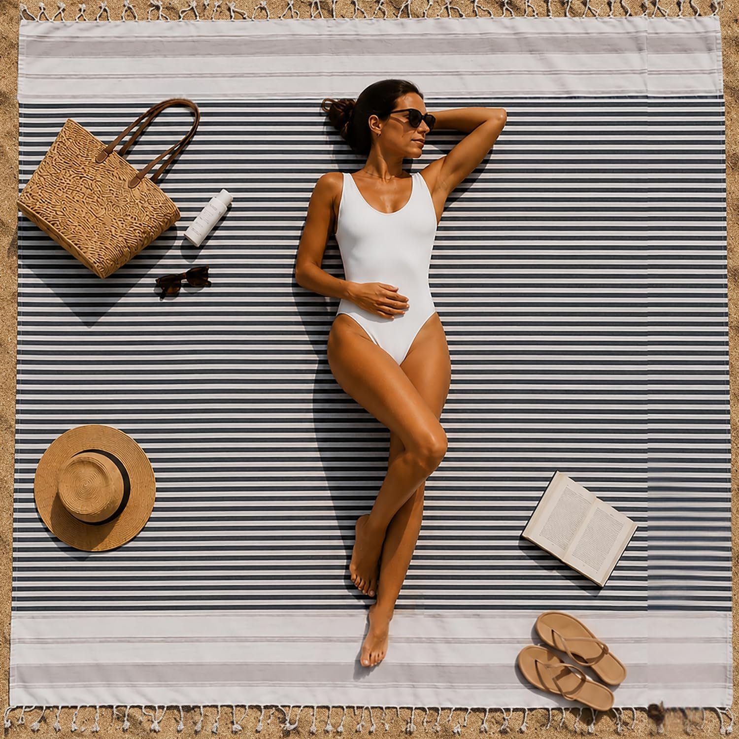DEMMEX Certified Turkish Cotton Oversized 82×82 in Sandproof Beach Blanket