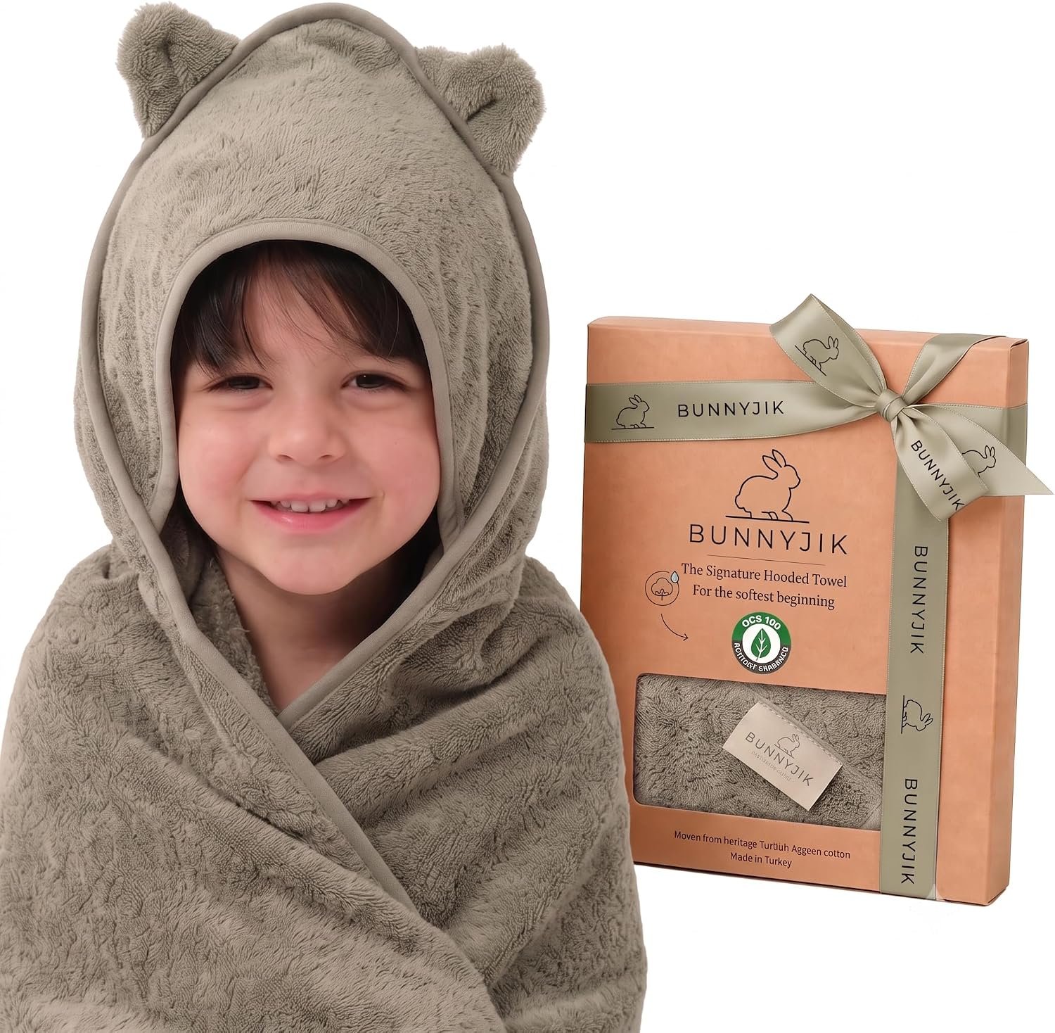 Organic Cotton Hooded Baby Towel 30×30 Newborn, Baby Dino Green