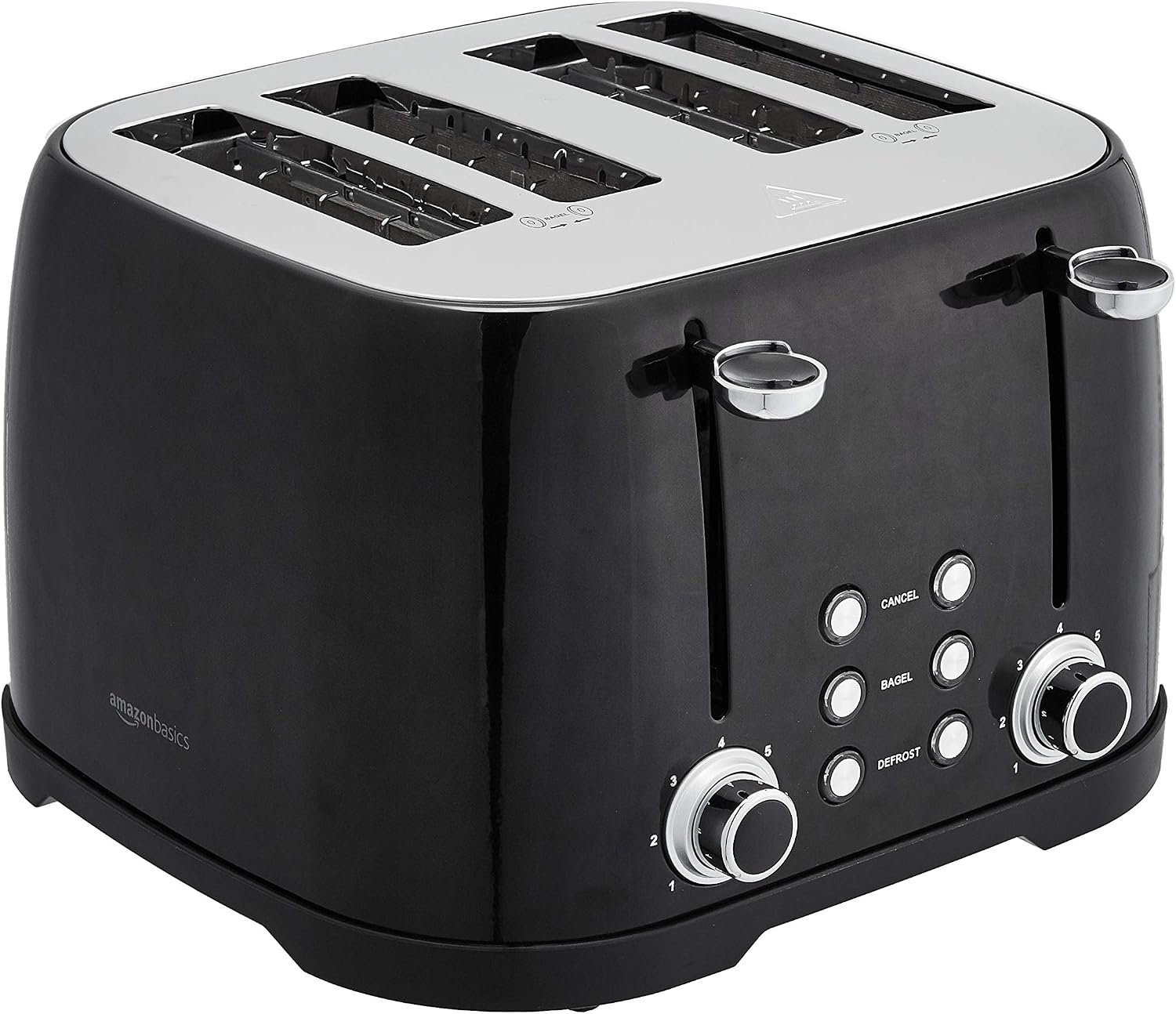 Amazon Basics 4 Slice Toaster with 4 Slots, 6 Browning Settings, Defrost, Removable Crumb Tray, Bagel Function, Cancel Button, 1600W, Black