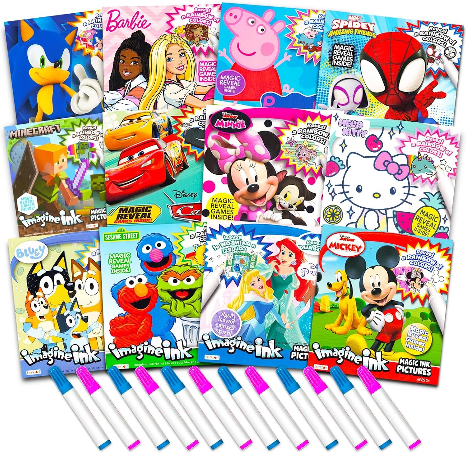 12 Mess Free Coloring Books & Mini No Mess Markers – Imagine Ink Activity Bundle for Toddlers, Kids | 72 Coloring Pages with Mickey, Bluey, Peppa Pig