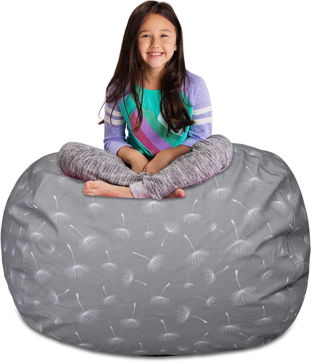 Posh Creations Kids Stuffed Animal Storage Bean Bag Chair Cover – Childrens Toy Organizer, X-Large-48in, Canvas White Dandelions on Gray