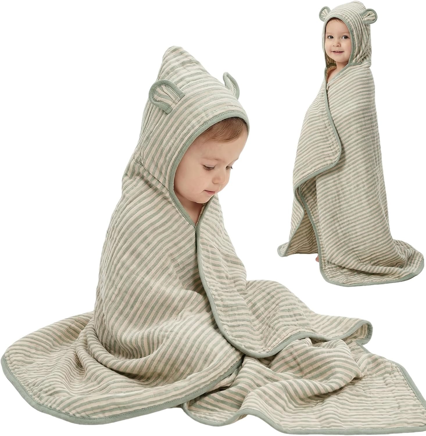 Muslin Toddler Bath Towels Organic Cotton Blend (Sage Stripe,55×28)