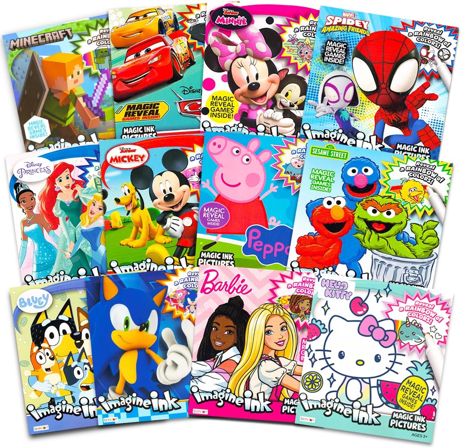 12 Mess Free Coloring Books & Mini No Mess Markers – Imagine Ink Coloring Activity Bundle | 72 Coloring Pages with Bluey, Sonic, Hello Kitty, More