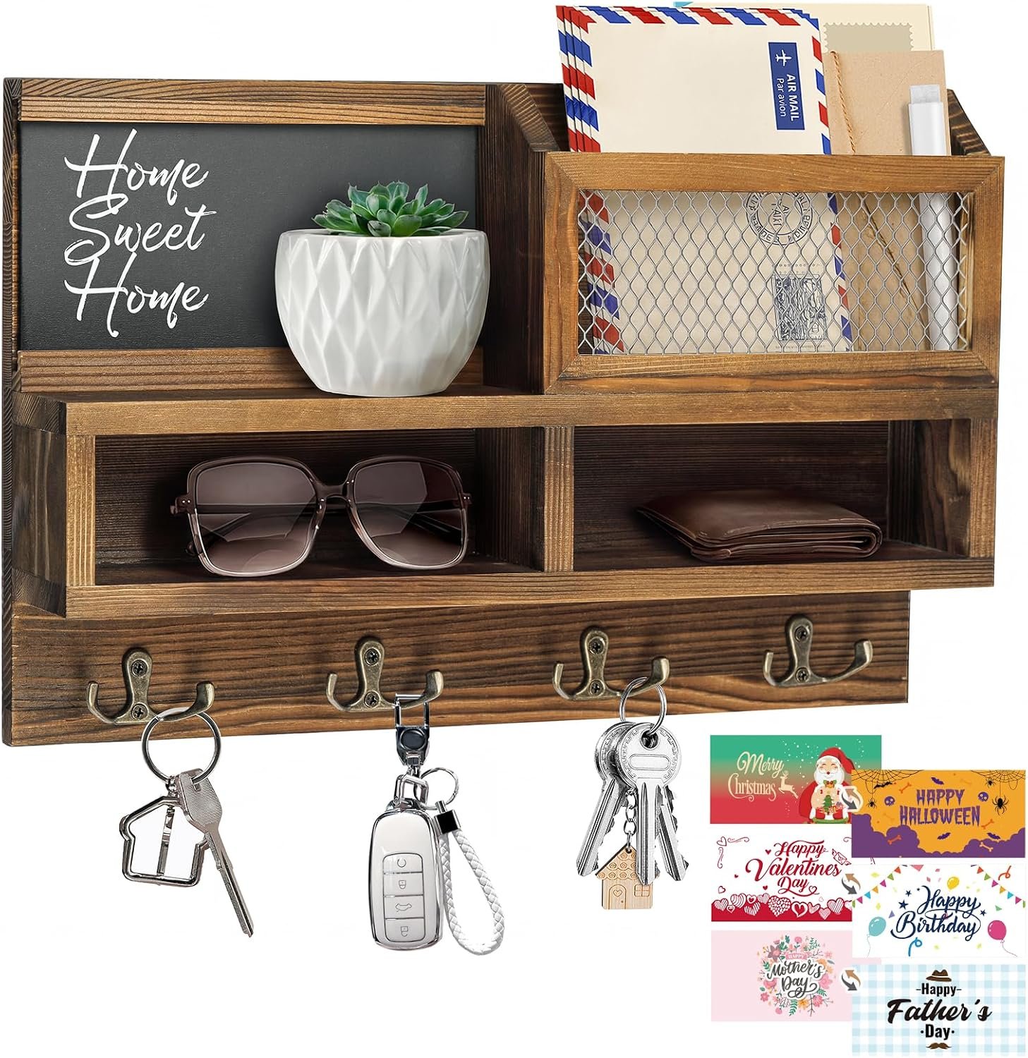Key Holder Wall Mount, Wooden Mail and Key Organizer, Brown
