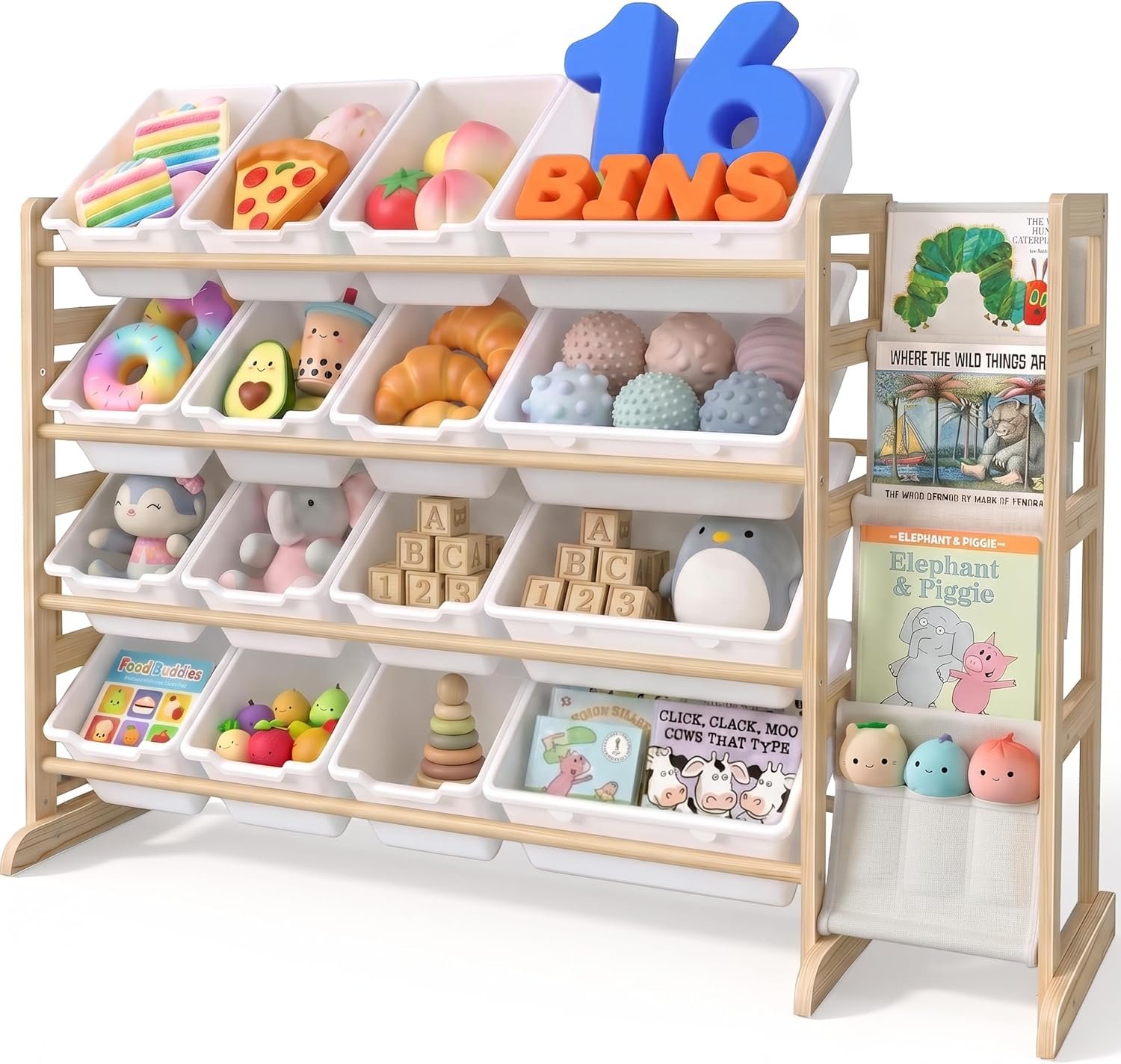 NUTIKAS Toy Storage Organizer with Bookshelf – Wooden 16 Bins Kids Toy Organizer Rack, Solid Pine Wood, Toys Box for Toddler, Playroom, Living Room, Bedroom, Nursery