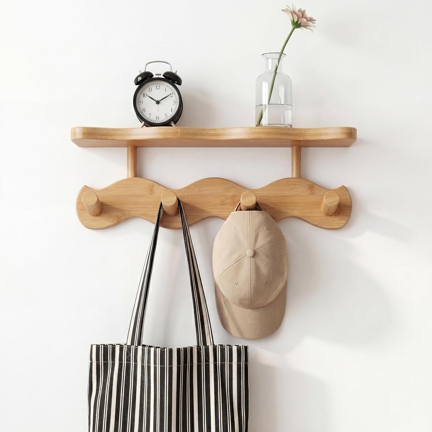 Wave-Shaped Bamboo Coat Rack Wall Mount with Shelf – Modern 4-Hook Rack