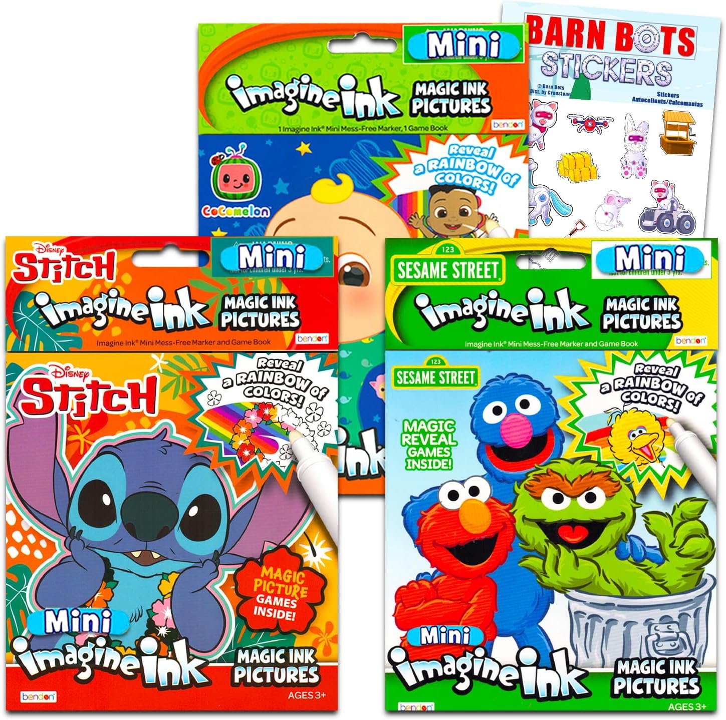 Mess Free Coloring Book Set for Kids Toddlers – Bundle with 3 Imagine Ink Coloring Books with No Mess Invisible Ink Pens Featuring Cocomelon, Sesame Street, Lilo and Stitch