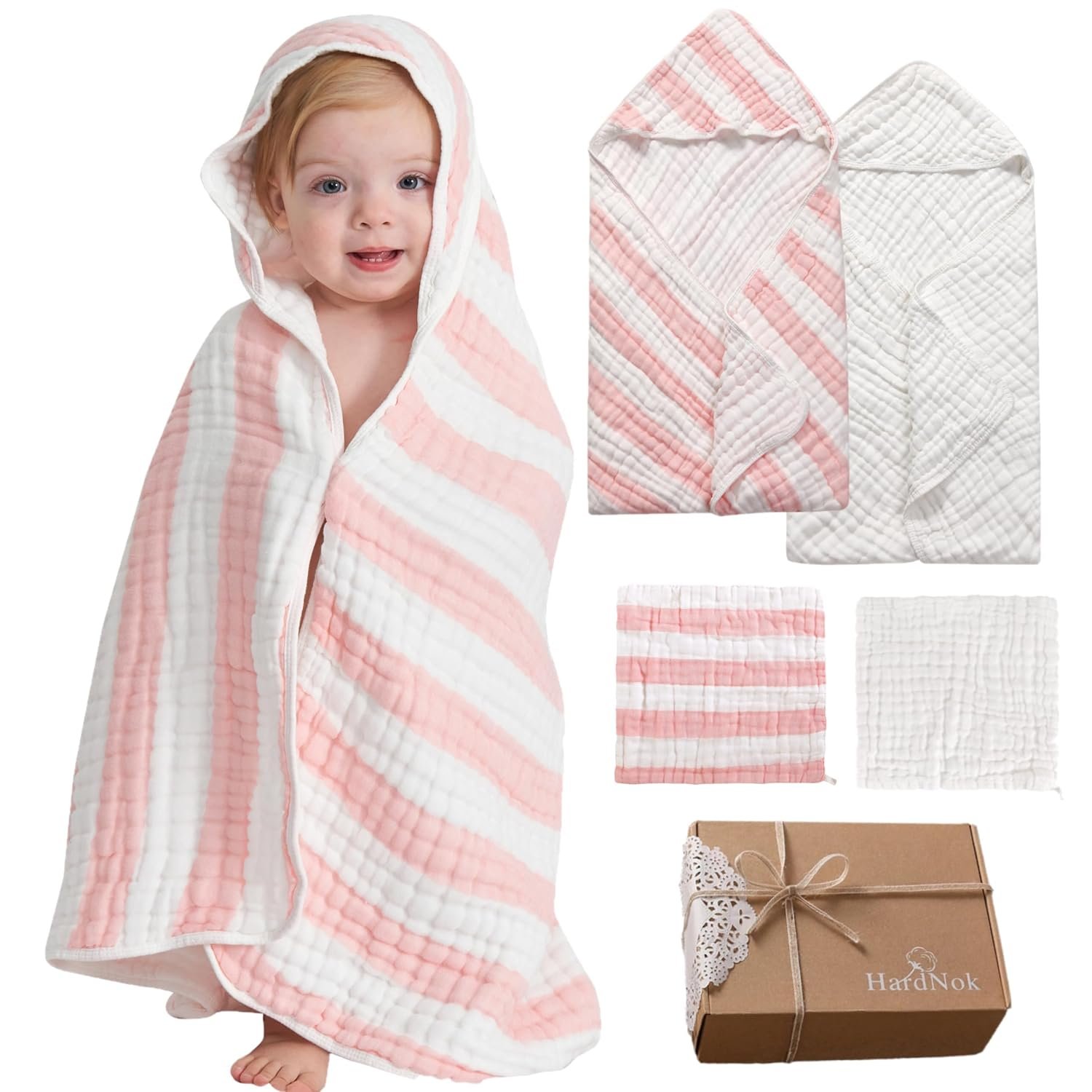 Organic Muslin Hooded Baby Bath Towel 4pc for Newborn – Pink Stripe
