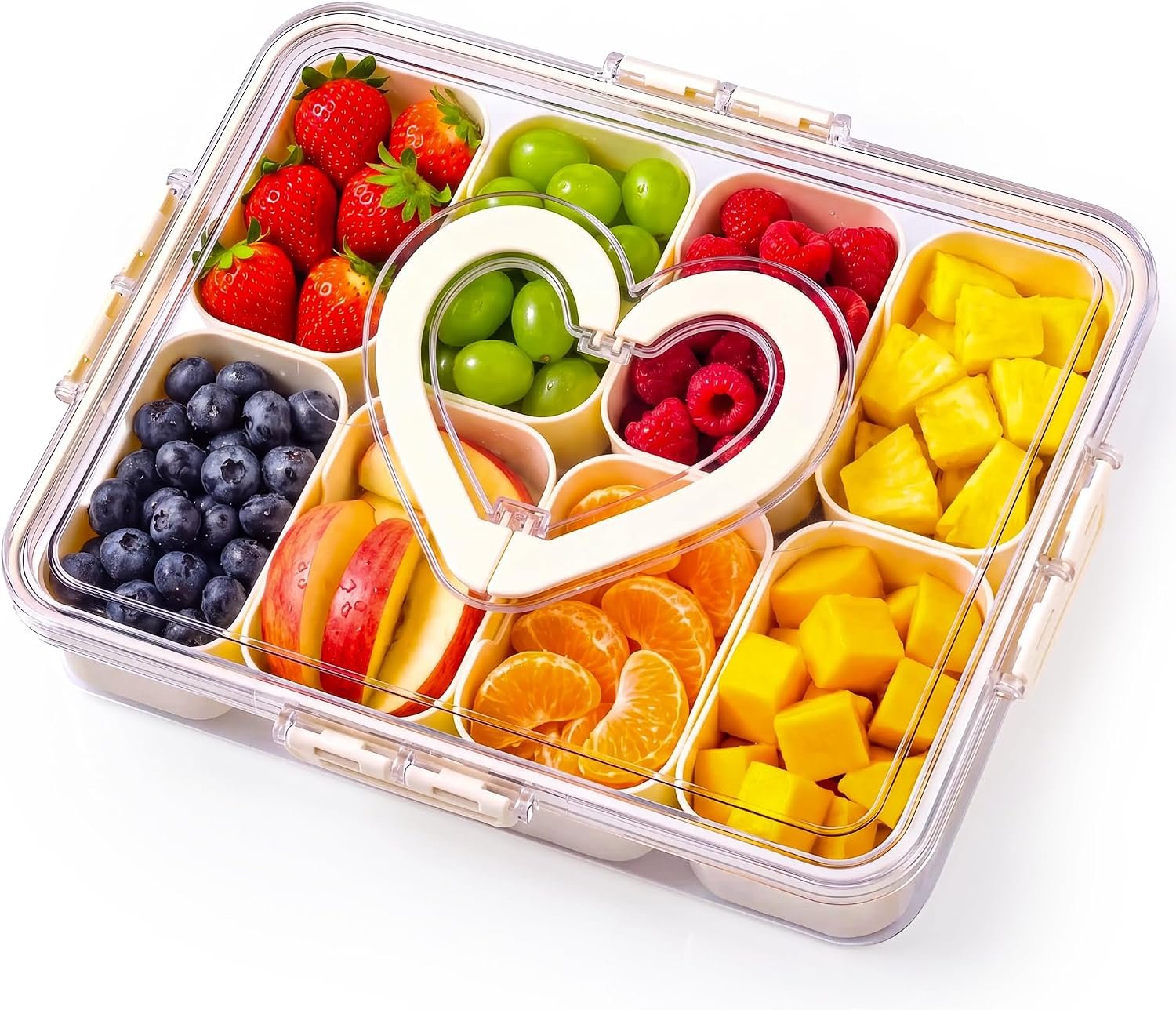 Snackle Box Container with Leakproof Lid and Handle, 8 Compartment Divided Serving Tray with Removable Containers, Spill-Proof Portable Snack Tray for Kids Snacks, Fruit, Candy, Nuts, Picnic & Parties