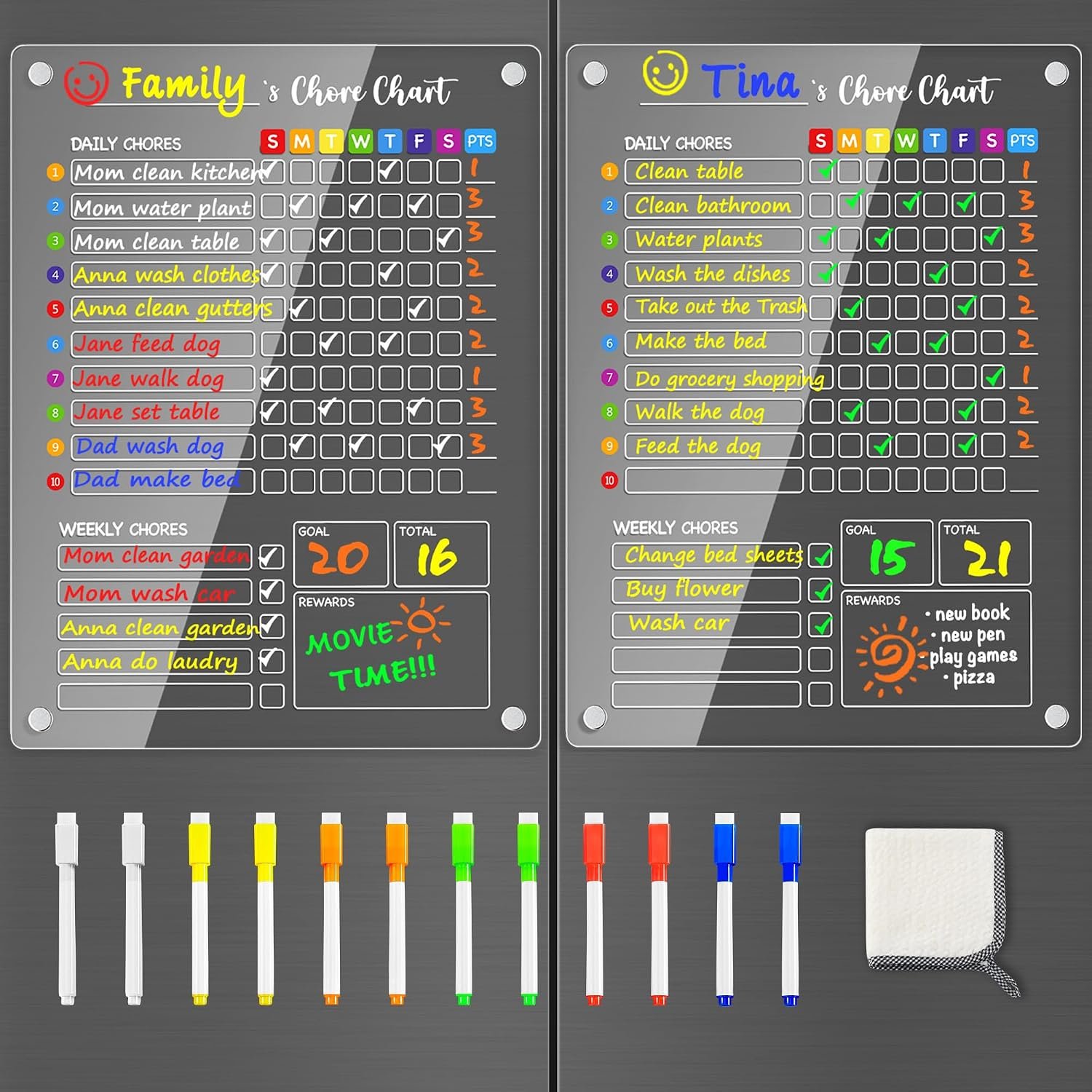 PigPotParty Acrylic Magnetic Chore Chart for Kids, Large 12×16 Inch, 2 Pack