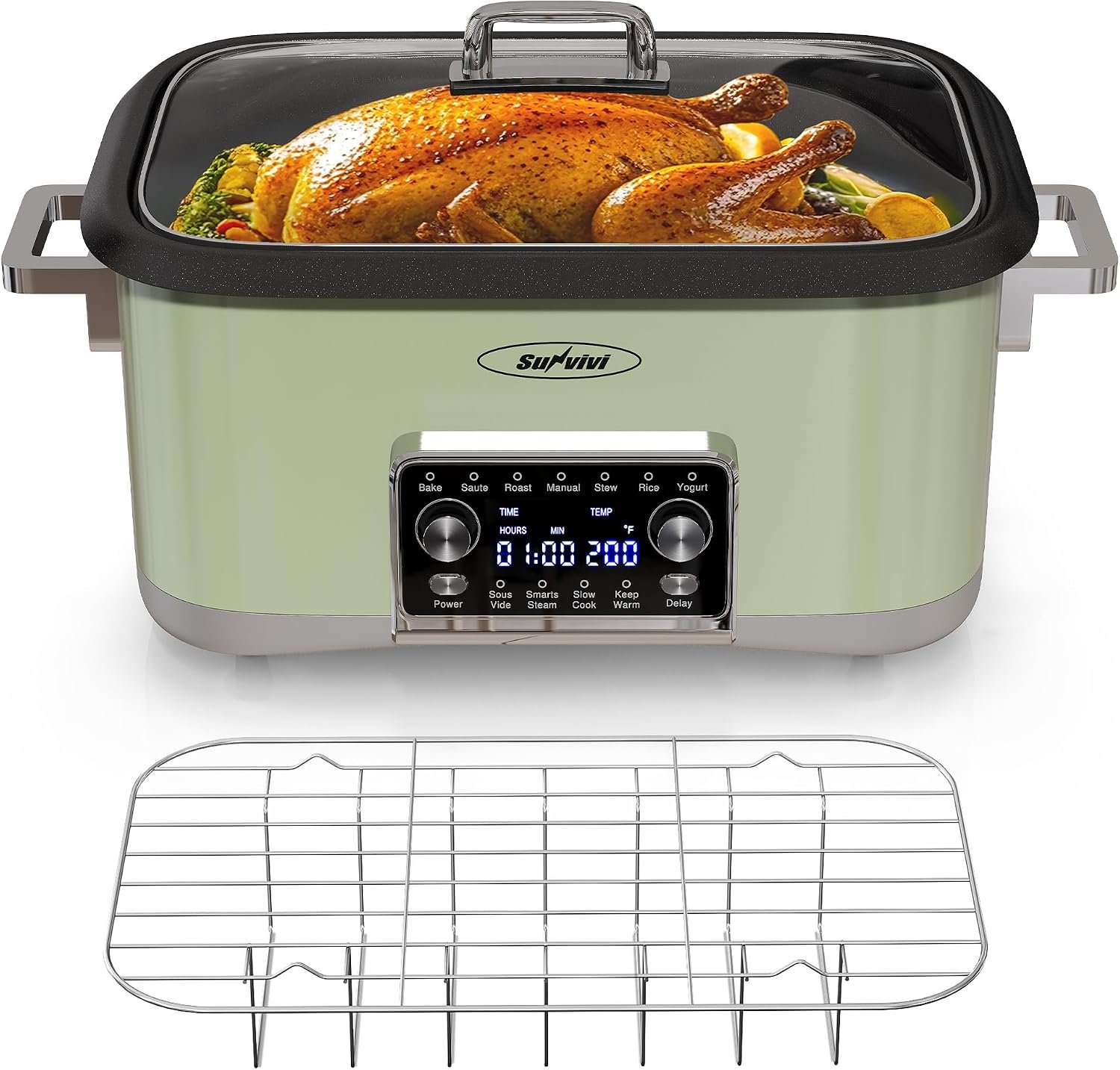 12-in-1 Programmable Slow Cooker Roaster Oven, 8 Quart Digital Multi-Cooker Food Warmer with Timer, Temp Control & Auto Shut Off, Removable Non-Stick Pot, Dishwasher-Safe Glass Lid, Green