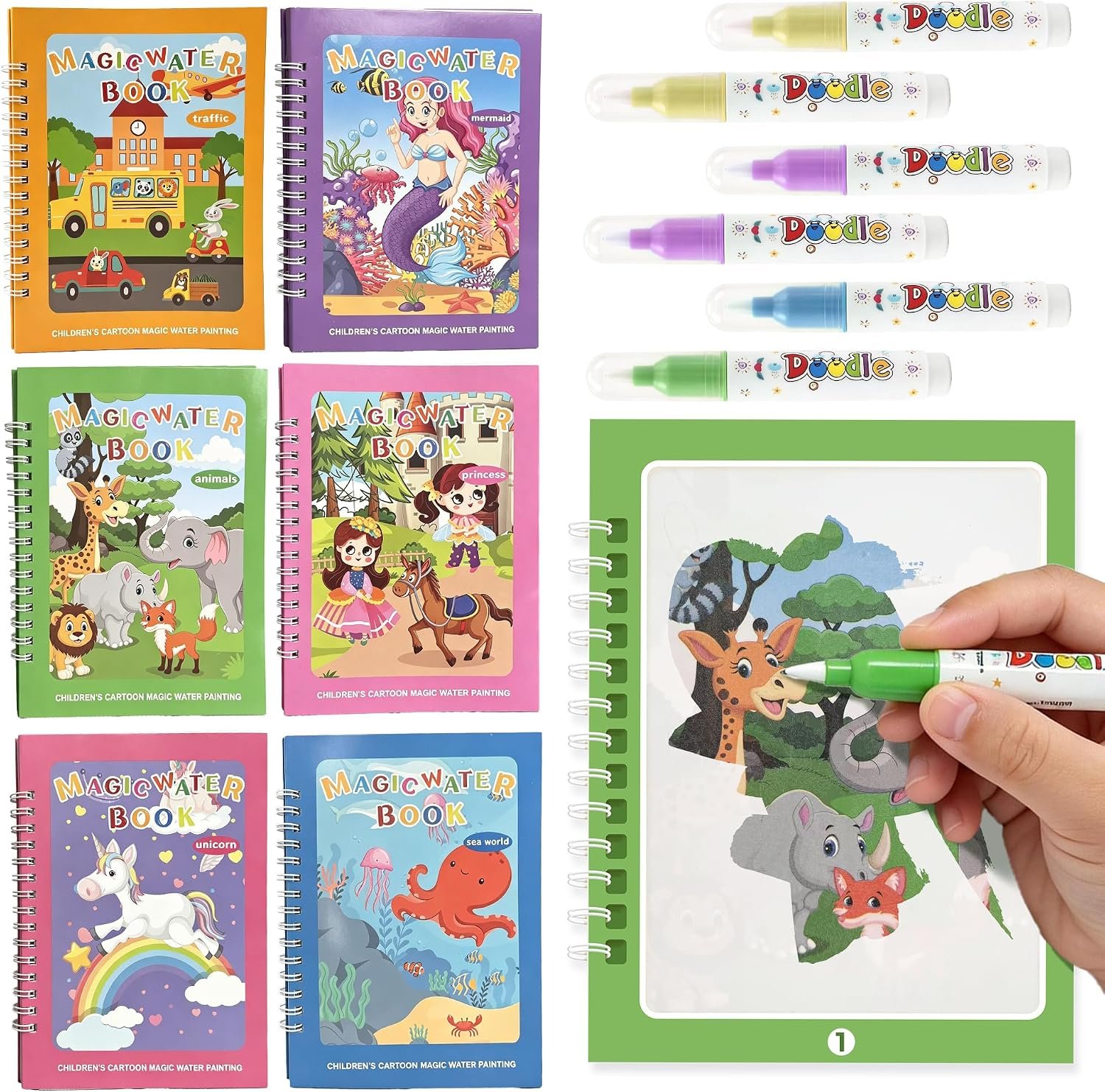 SAMZX Reusable Water Coloring Books for Toddlers 1-3, 6 Pack Magic Water Painting Book with Stickers, No Mess Travel Activity Toys & Educational Learning Kits Gifts for Kids Boys Girls Ages 3+