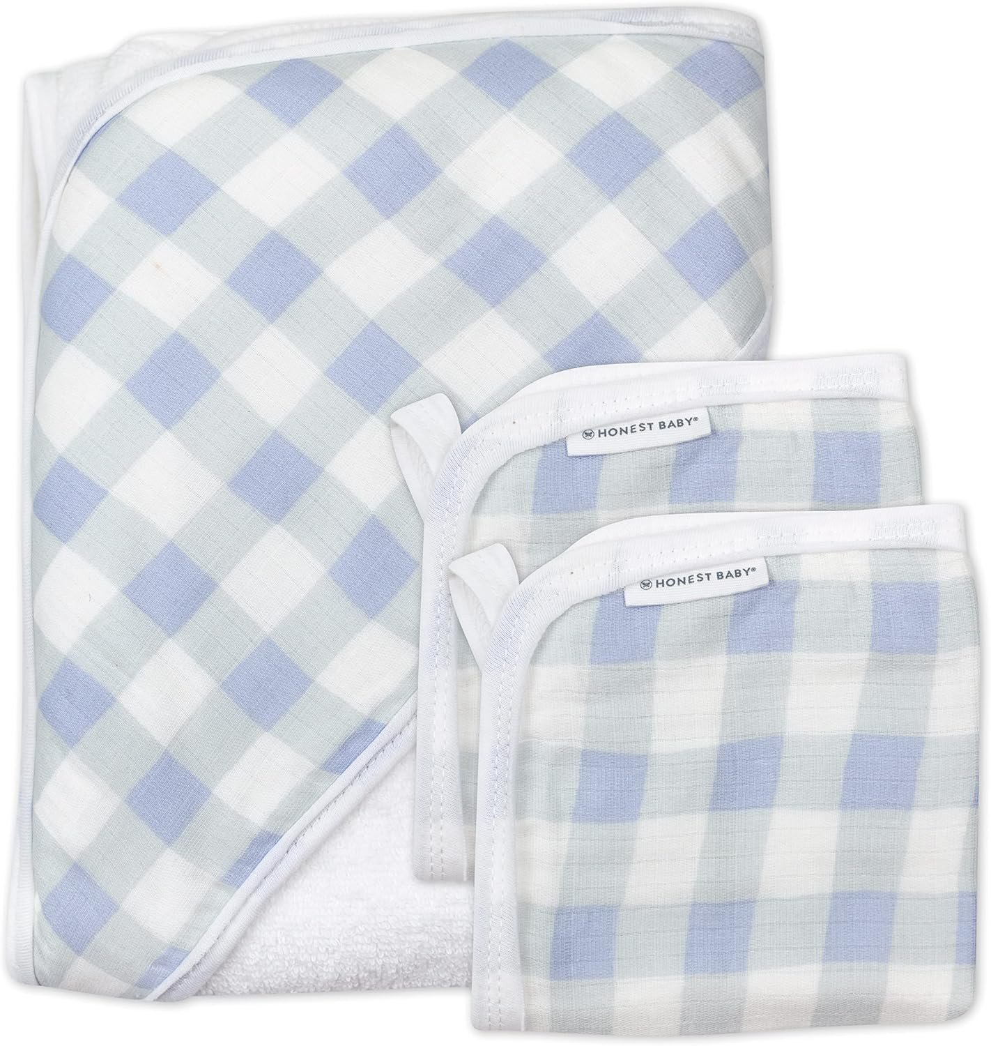 HonestBaby 3-Piece Organic Cotton Hooded Towel & Washcloth Set, Blue Painted Buffalo Check, One Size