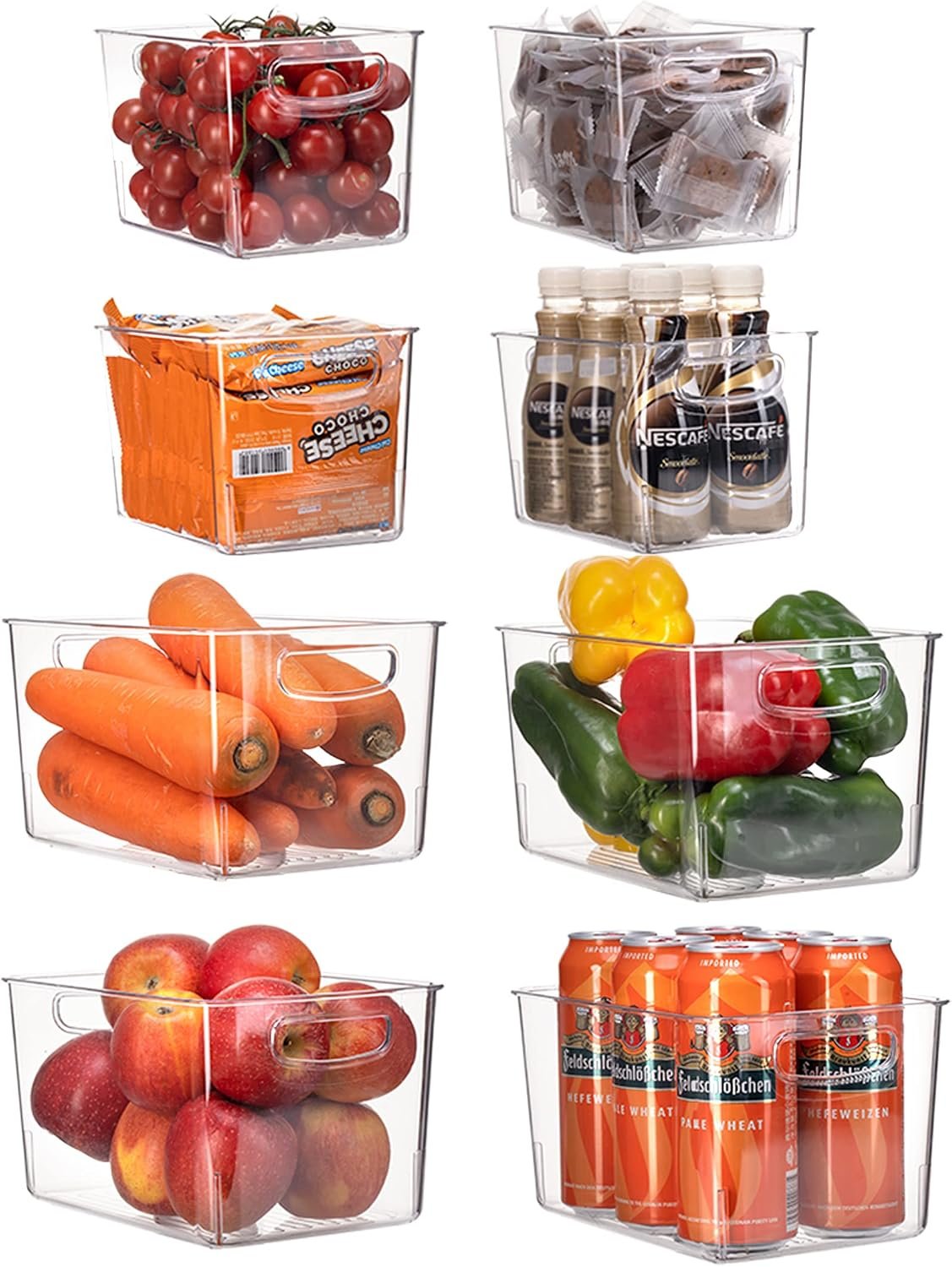 Set Of 8 Clear Pantry Organizer Bins Refrigerator Organizer Bins ,Plastic Stackable Fridge Organizer Clear Storage Bins For Organizing Kitchen,Cabinet And Countertops,BPA Free(4 Small & 4 Large)