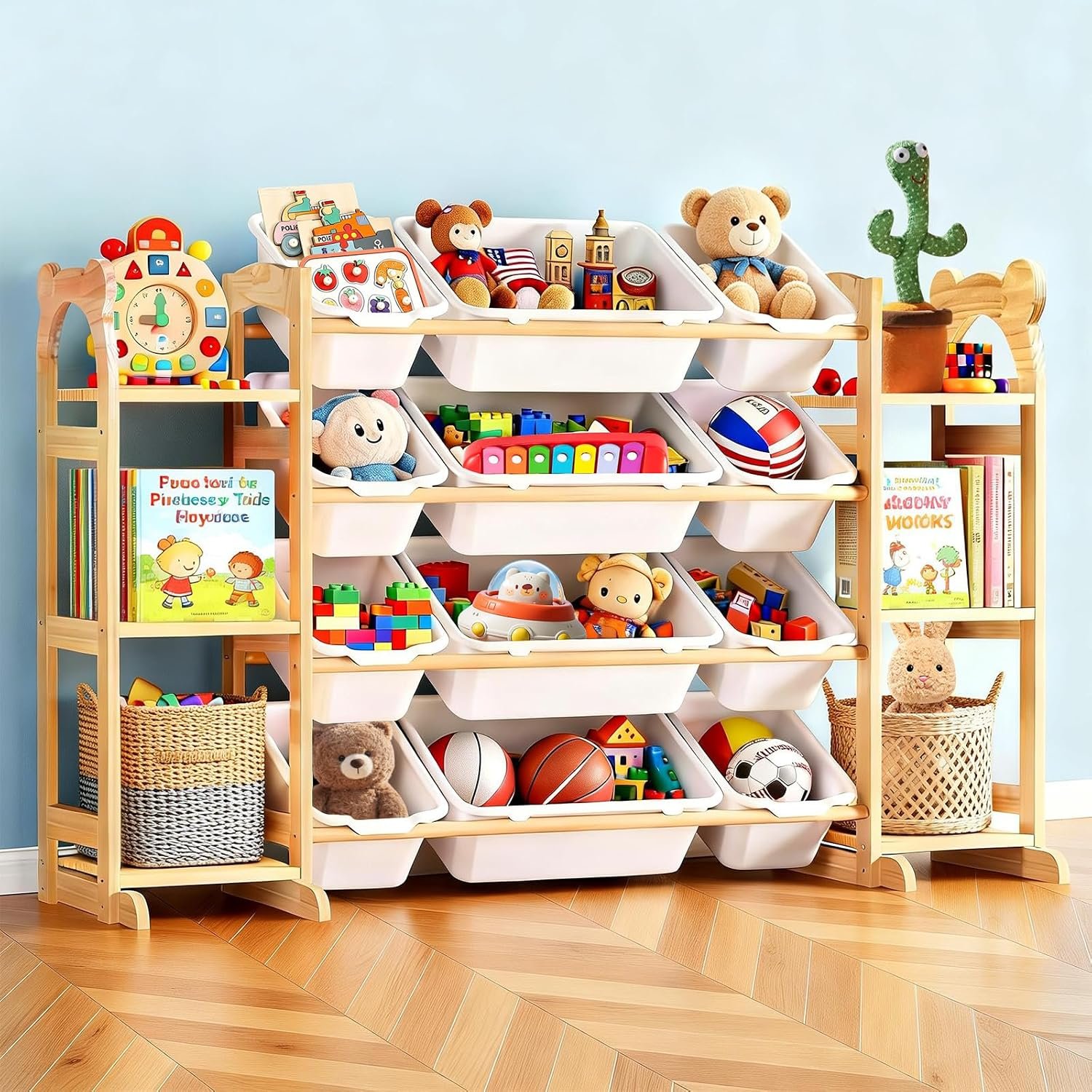 Toy Storage Organizer with 6 Shelves and 12 Bins, Toy Organizers and Storage Shelf with Bookshelf and Bookcase, Toys Box for Kids Room & Playroom & Bedroom & Nursery