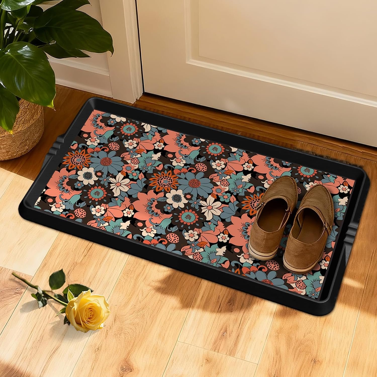 BEHERO Boot Tray Shoe Mat Decorative Patterned, Rubber Shoe Matt Tray Indoor/Outdoor Use, 16″ x27.5″ Shoe Cleaning Mat Non-Slip, Shoe Storage Waterproof Flower Prints for Entryway, Sunlit Blossom
