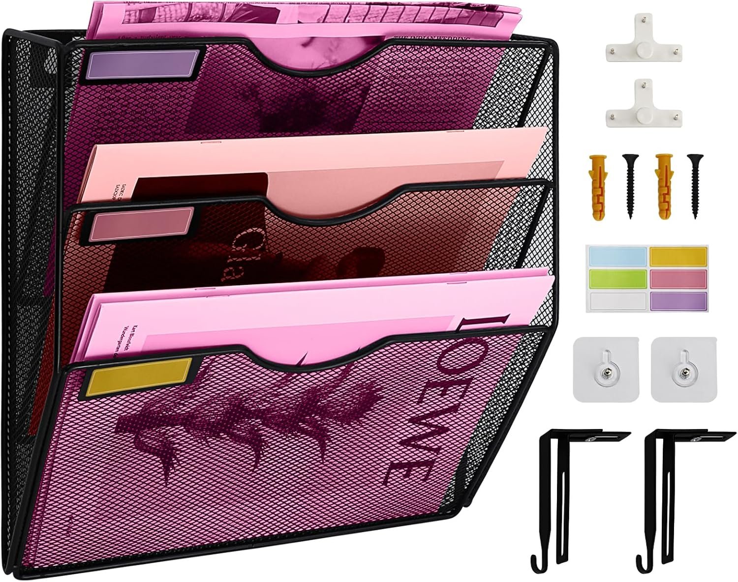 3 Pockets Mesh Wall File Holder Organizer Office Hanging File Folder Magazine Rack, Nametag Label Hooks Set Included (Black)