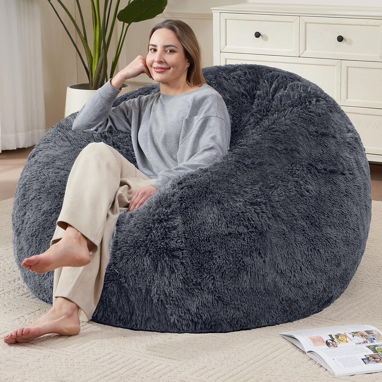 Bean Bag Cover (No Filler) Soft Faux Fur Stuffed Animal Bean Bag Storage, Fluffy Plush Bean Bag Chair Cover Washable, Comfy Bean Bag Covers for Adults Kids Teens