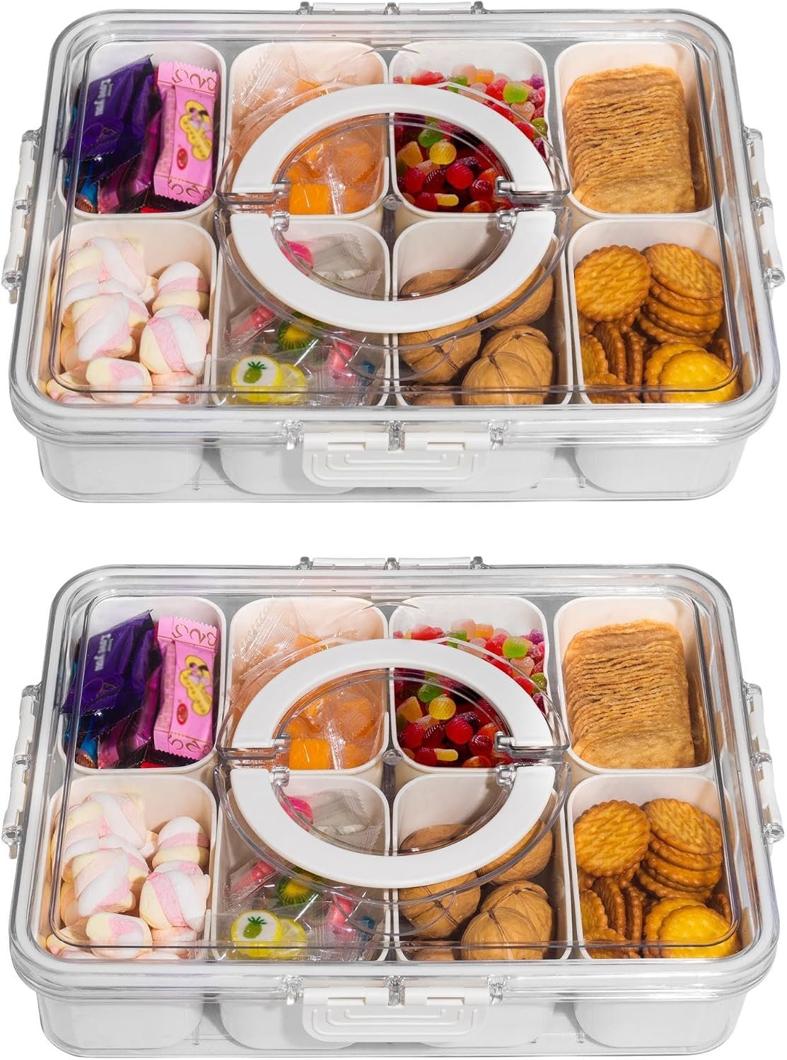 WACOI Divided Snack Serving Tray with Lid and Handle Travel Snackle Charcuterie Container Portable Storage Organizer for Candy, Fruits, Nuts, Snacks, Party, Picnic 2 Packs White
