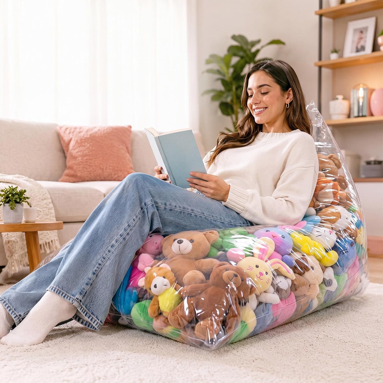 Batiyeer Clear Stuffed Animal Storage Chair Bean Bag 49 x 30 x 30 Inches