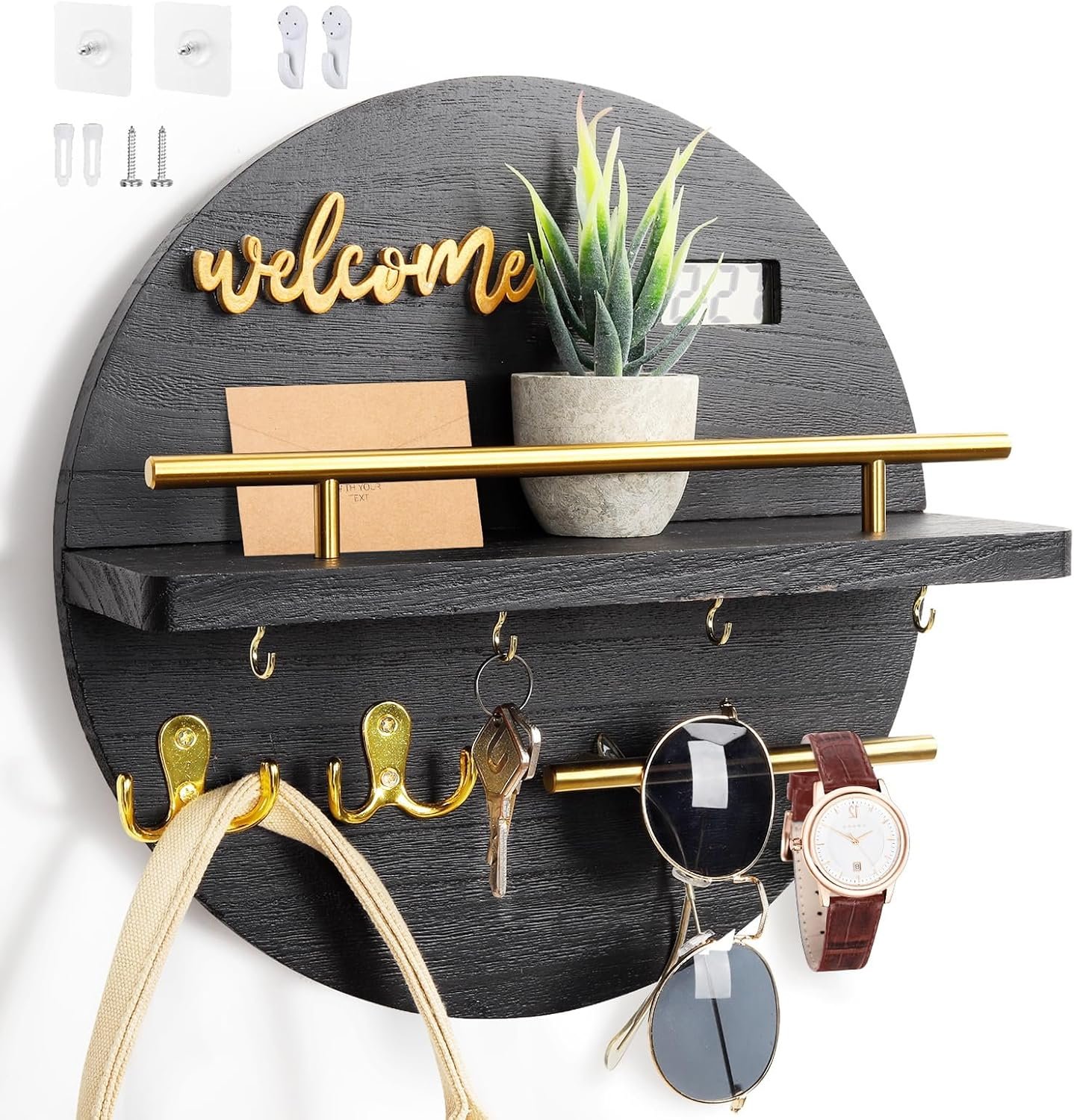 Key Holder for Wall, Key and Mail Holder Organizer with – Key Holder Wall Mount – Round Wooden Rustic Home Decor for Entryway, Mudroom, Hallway, Kitchen Office (Black)