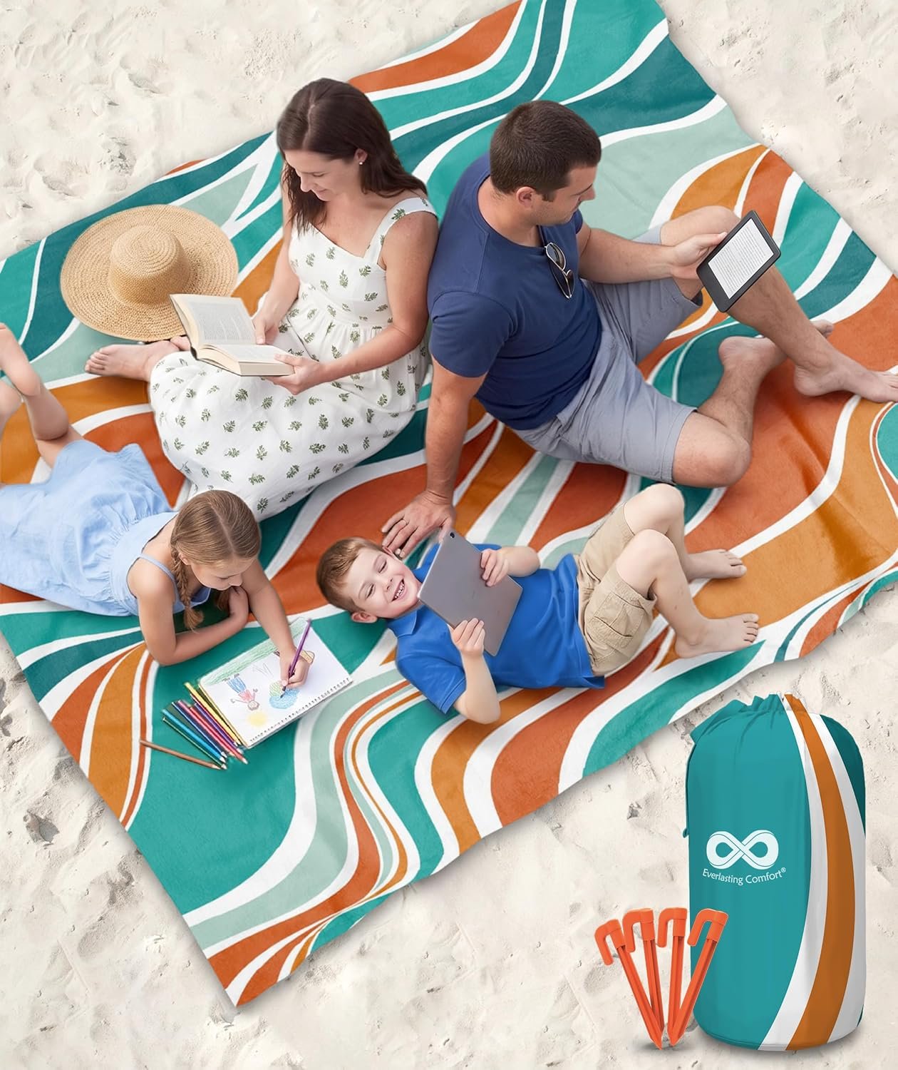 Everlasting Comfort Large Beach Blanket Waterproof & Sandproof – 80″ x 80″/ 6.7ft x 6.7ft – Lightweight Picnic Mat, Camping Necessities for 4 People – Accessories for Outdoor Festivals – Orange