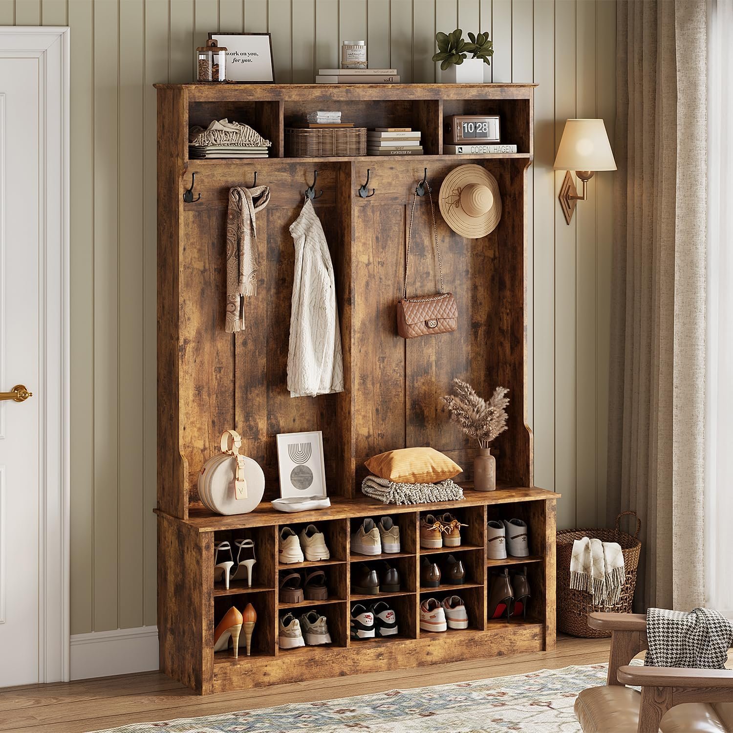 Wodeer Hall Tree with Bench and Shoe Storage, 53″ Farmhouse 4-in-1 Mudroom Storage Organizer with Coat Rack, 6 Hooks, 12 Shoe Cubbies, Adjustable Shelf, for Entryway, Hallway, Living Room, Brown