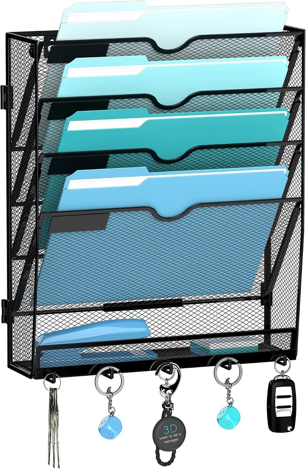 5-Tier Wall File Organizer and Mail Organizer with 5 Hooks, Black