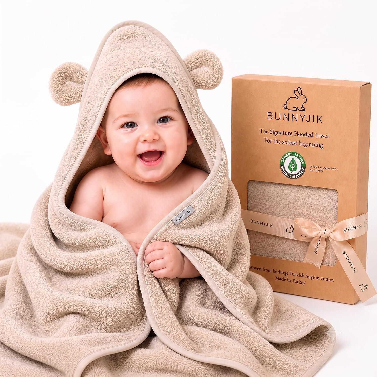Turkish Organic Cotton Hooded Towels – Heritage Aegean Plush Bath Towels for Newborn, Best for Boys, Ultra Plush, Softest Towel — Petite Newborn Infant Bath Towel Fit (0–12 Months)
