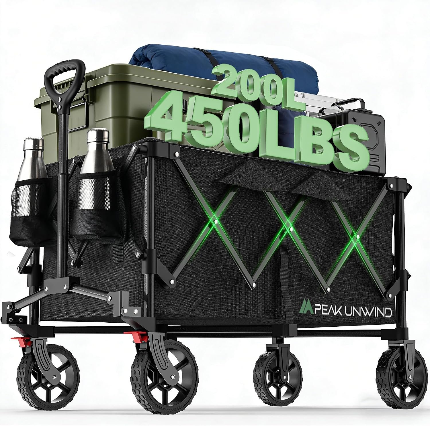 Wagons Carts Foldable,Collapsible Wagon with Wheels,450LBS Heavy Duty Beach Wagon Cart,Lightweight Portable Folding Utility Wagon Cart with Cup Holders for Camping, Garden, Sports, Grocery pcs