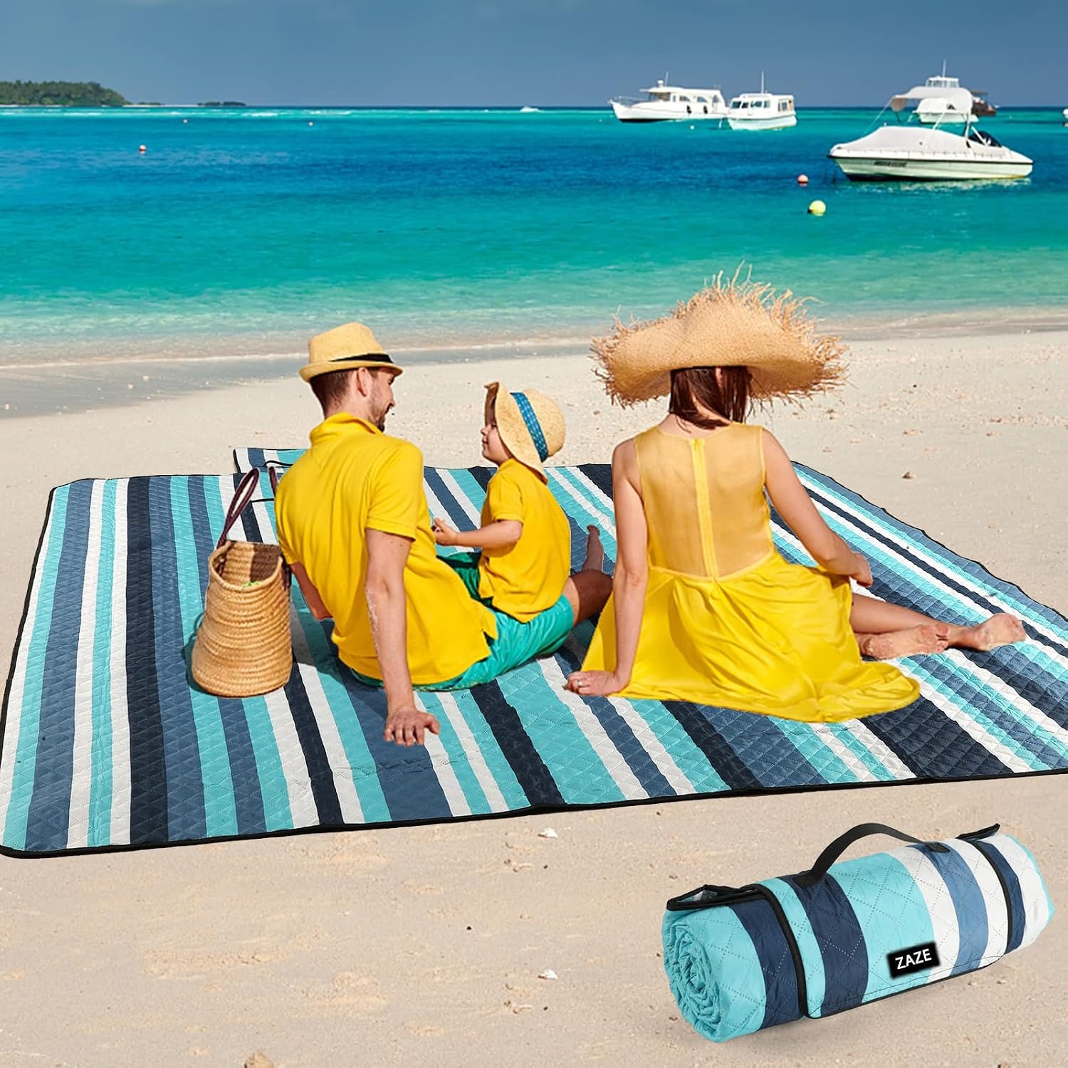 ZAZE Picnic Blankets Beach Blanket, 80”x80” Extra Large Thick 3-Layers, Sandproof Machine Washable Waterproof Foldable Oversized XL Outdoor Mat, for Camping, Park, Travel, Grass(Blue White Stripe)