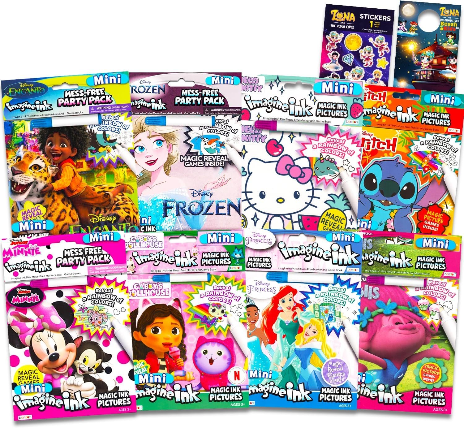 Bulk Imagine Ink Mess Free Coloring Book Set – Bundle with 8 Variety Books: Disney Princess, Frozen, Trolls, More Plus Stickers | Party Supplies