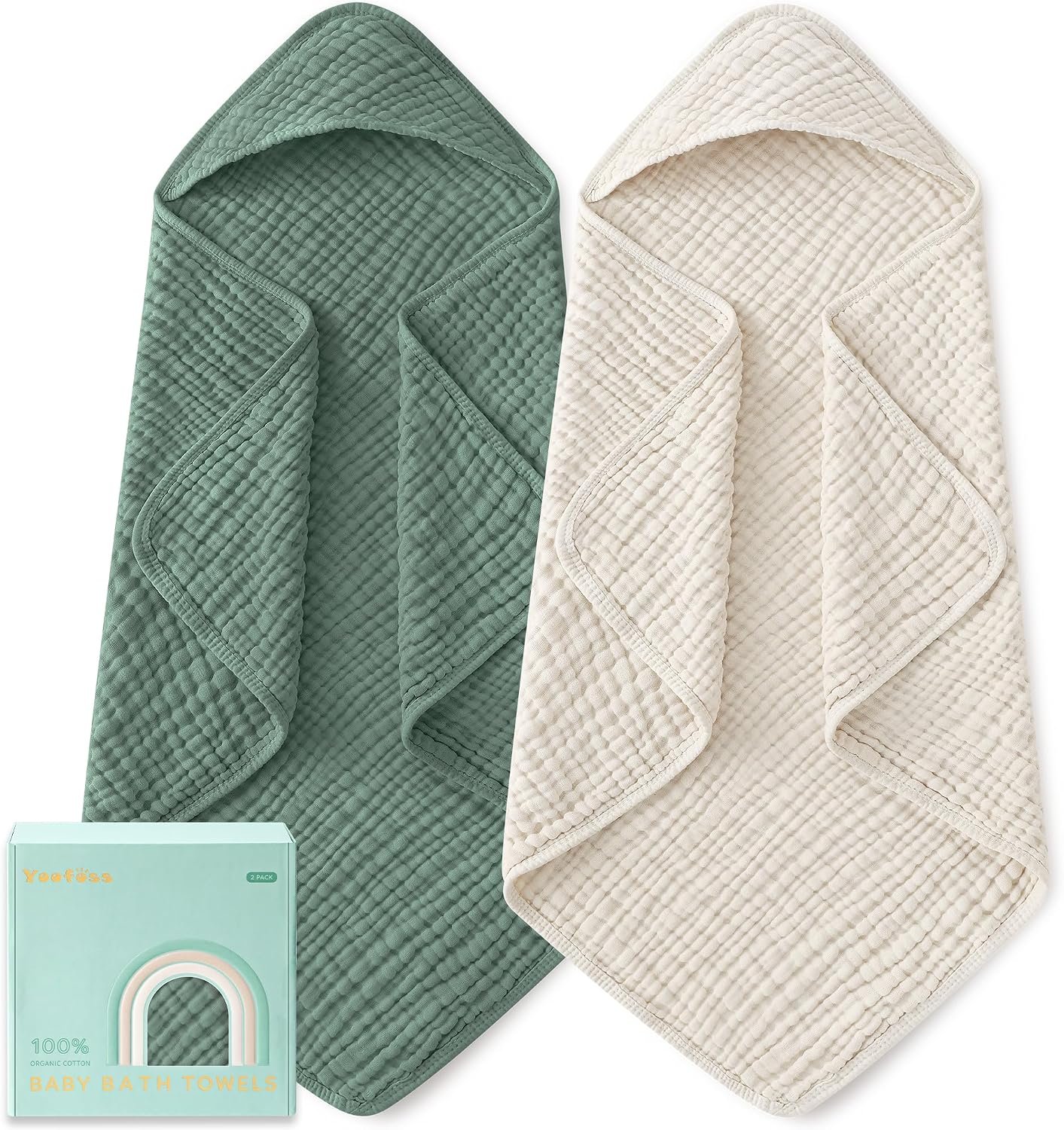 Yoofoss Hooded Baby Bath Towels 2 Pack 100% Muslin Organic Cotton with Hood