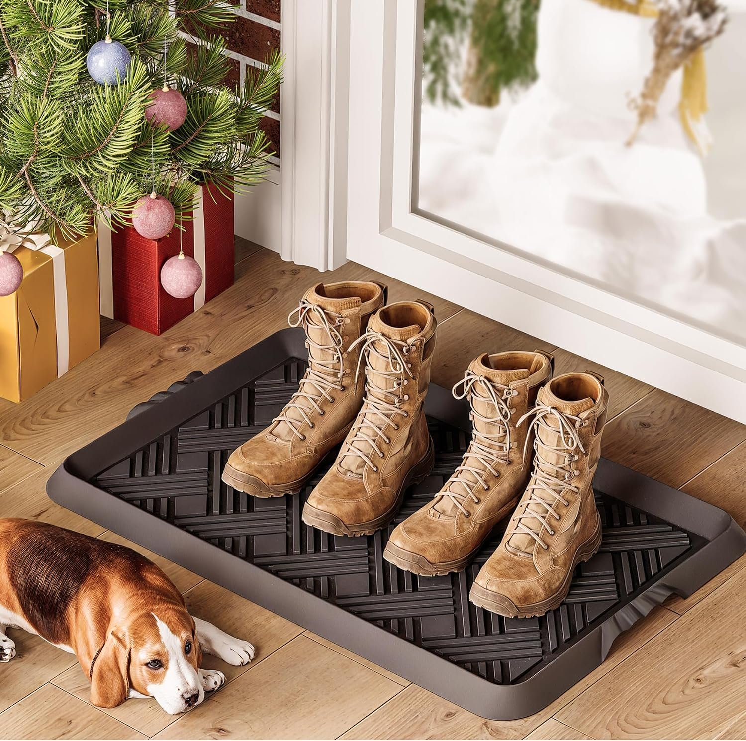 Rubber Boot Tray, Shoe Trays for Entryway, Versatile Boot Mat Tray with Raised Edge, 27.5″x16″ Rubber Mat for Shoe Organizer Indoor/Outdoor Use
