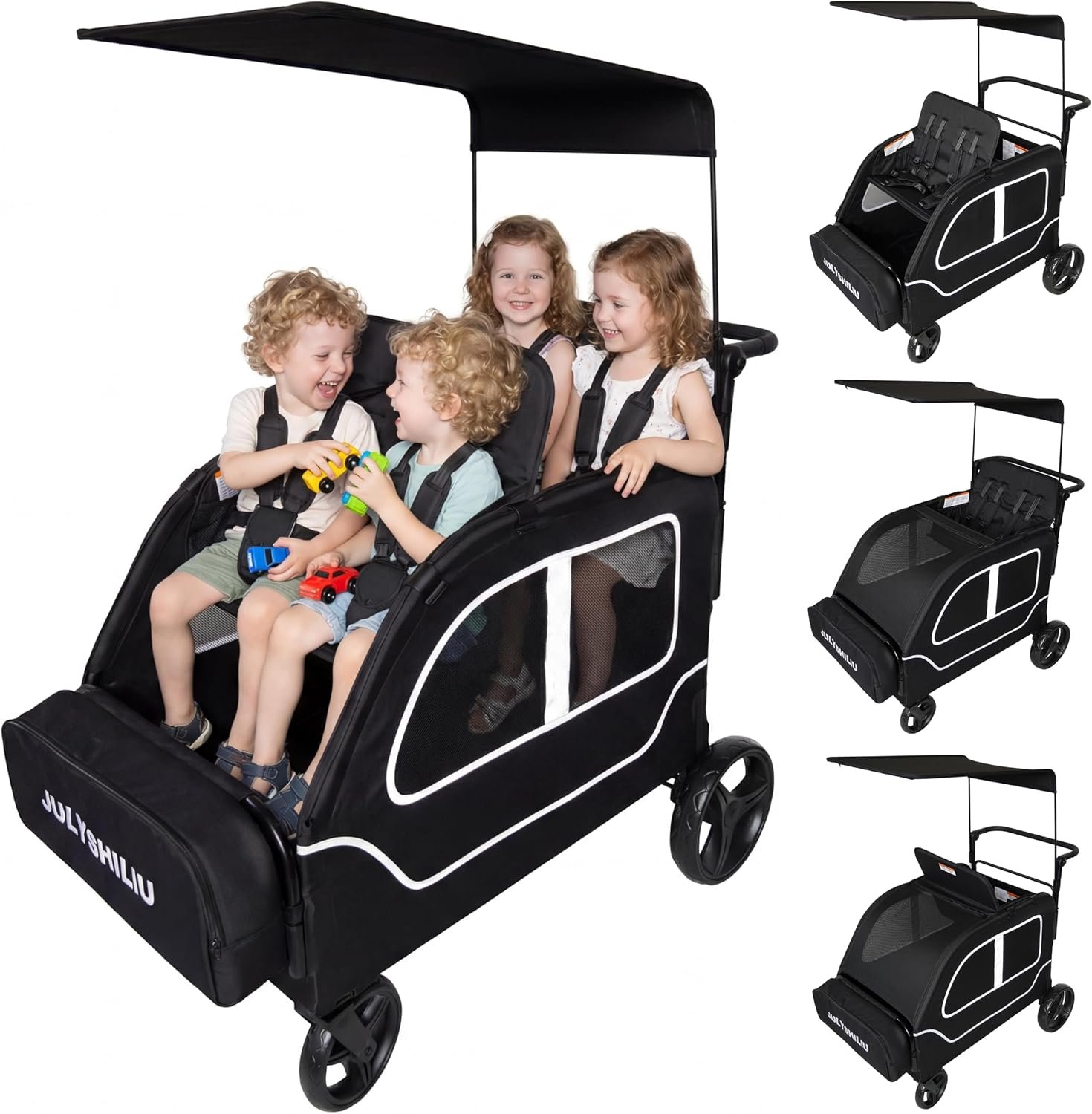 Car-Shaped 4 Seater Wagon Stroller, Fits Up to 4 Kids Childs