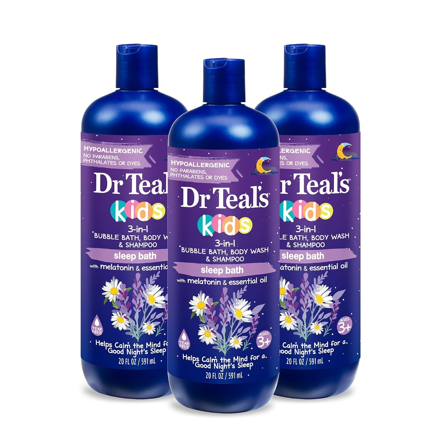 Dr Teal’s Kids 3-in-1 Sleep Bubble Bath, Body Wash & Shampoo with Melatonin & Essential Oil, Lavender Scent, 20 fl oz (Pack of 3)