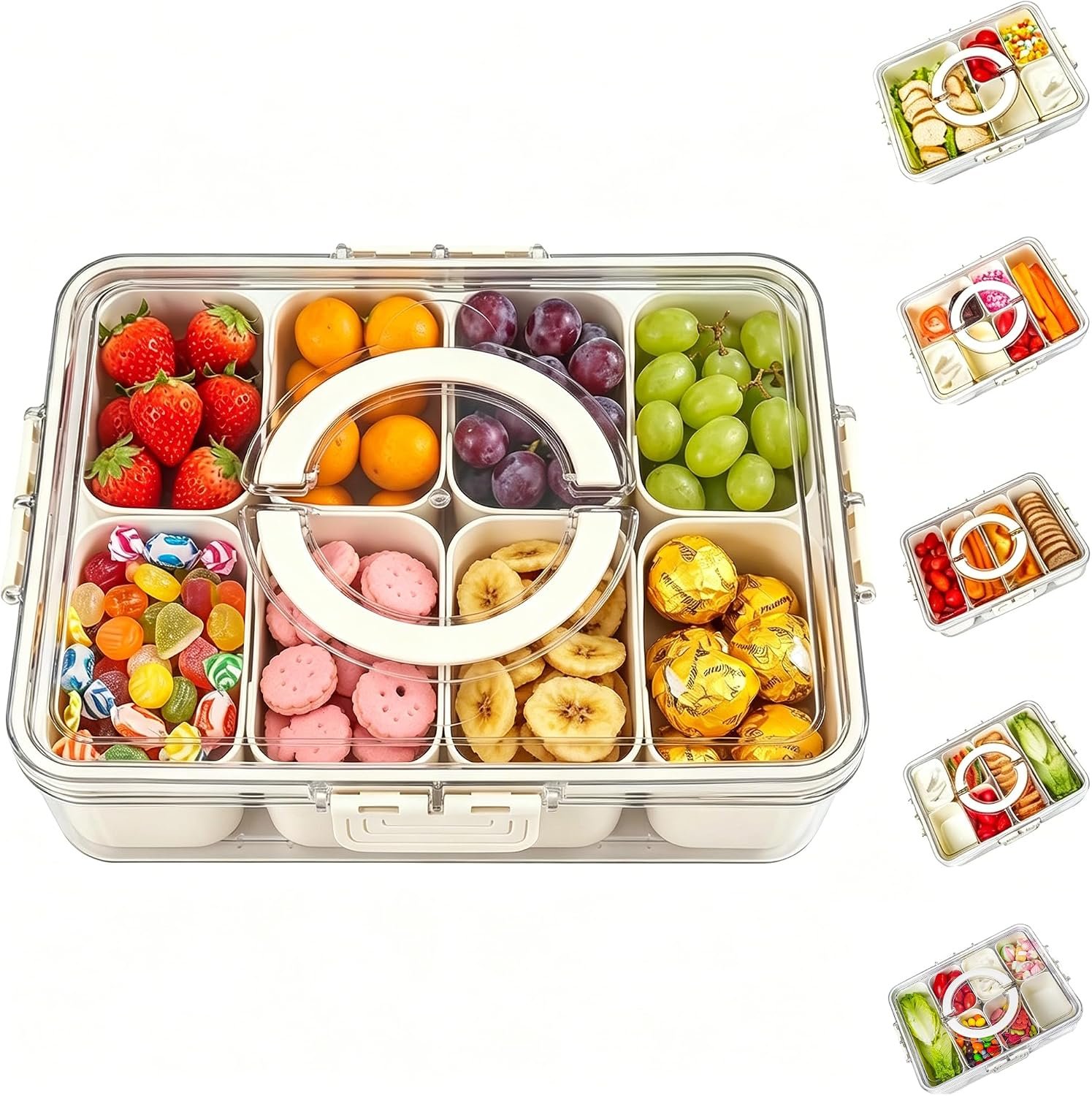 Bandesun Divided Serving Tray with Lid and Handle – Snackle Box Charcuterie Container for Portable Snack Platters – Clear Organizer for Candy, Fruits, Nuts, Snacks – Perfect for Party, Entertaining